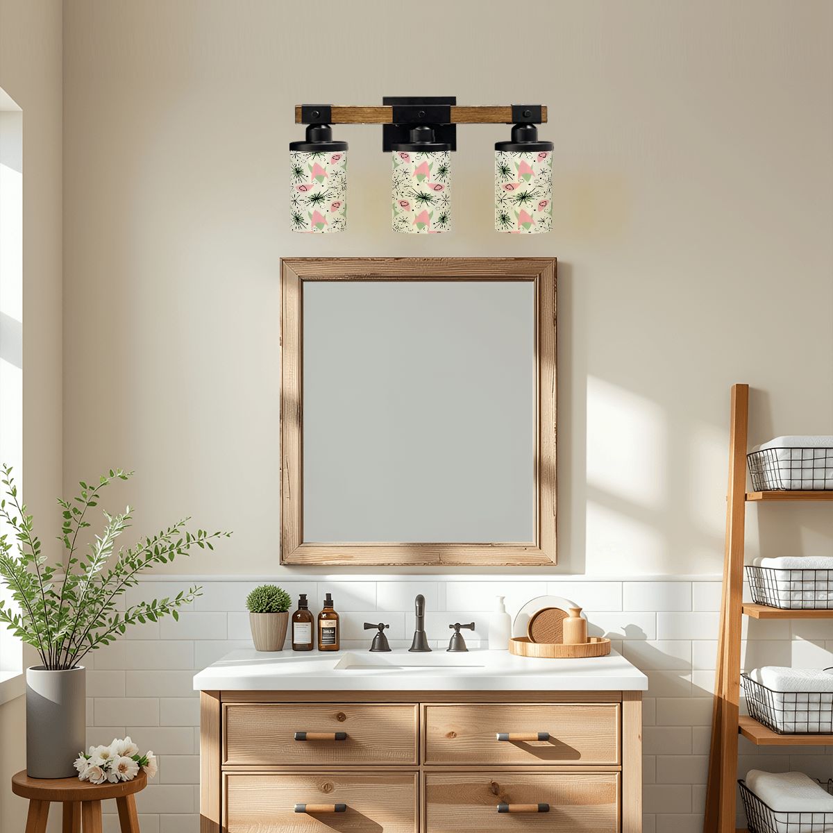 Kate McEnroe New York Mid Century Modern Triple Vanity Light Fixture, 1950s Sputnik Starburst Cylinder ShadesVanity Light FixtureszteQHUsMG4