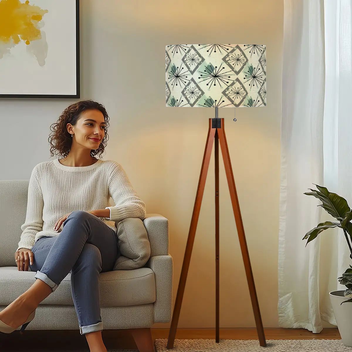 Kate McEnroe New York Mid Century Modern Tripod Floor Lamp, Retro Diamond Starburst ShadeTripod Floor Lamps4k49mWDAAo