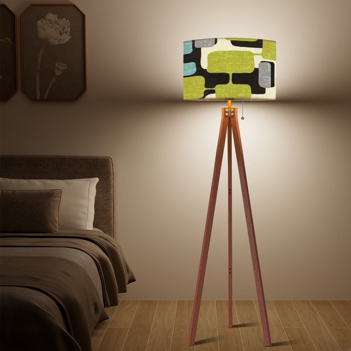 Kate McEnroe New York Mid Century Modern Tripod Floor Lamp, Retro Geometric Drum Shade, MCM Abstract Accent LightingFloor LampsFgmV9IfAnk