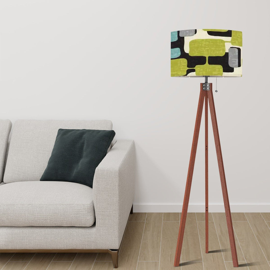 Kate McEnroe New York Mid Century Modern Tripod Floor Lamp, Retro Geometric Drum Shade, MCM Abstract Accent LightingFloor LampsFgmV9IfAnk