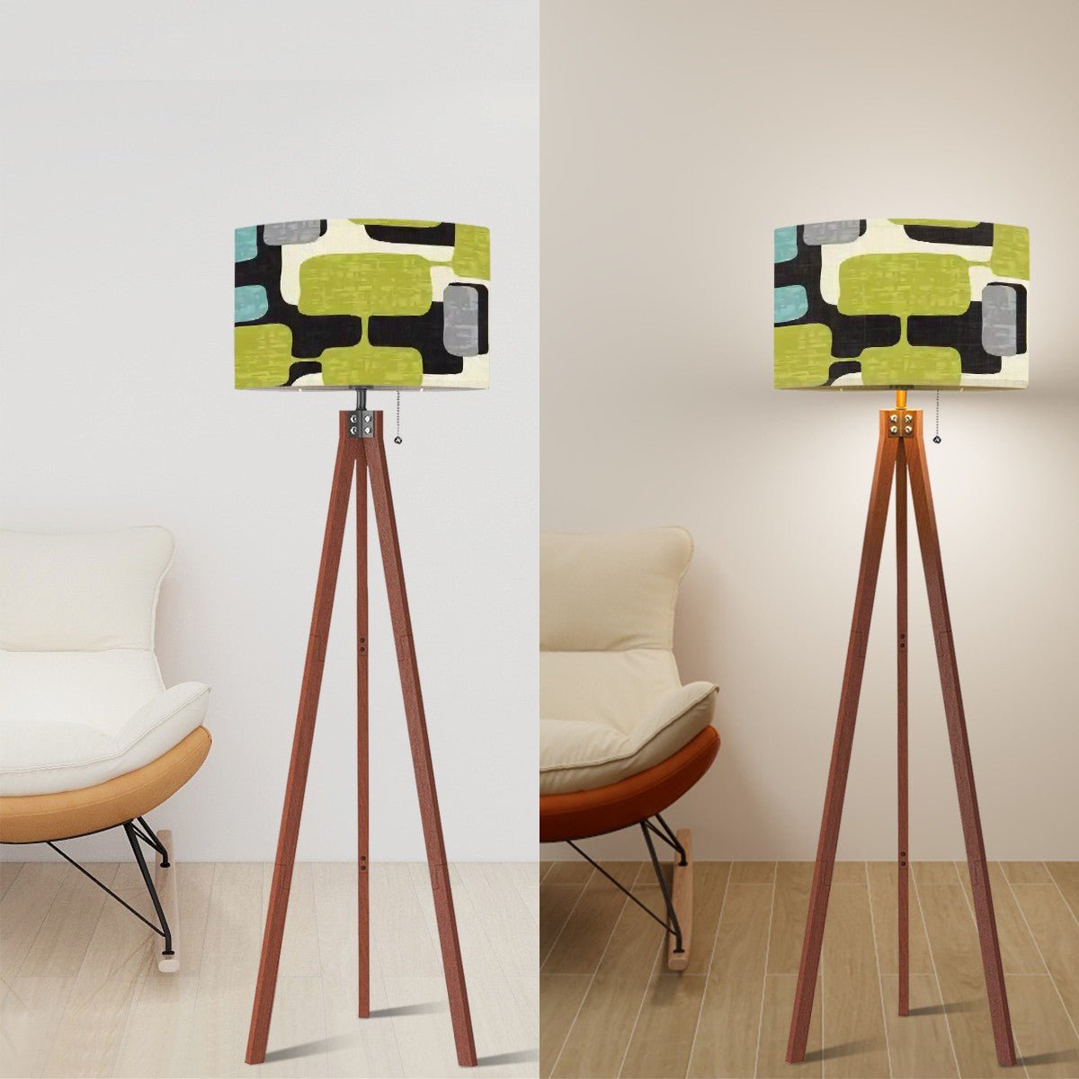 Kate McEnroe New York Mid Century Modern Tripod Floor Lamp, Retro Geometric Drum Shade, MCM Abstract Accent LightingFloor LampsFgmV9IfAnk