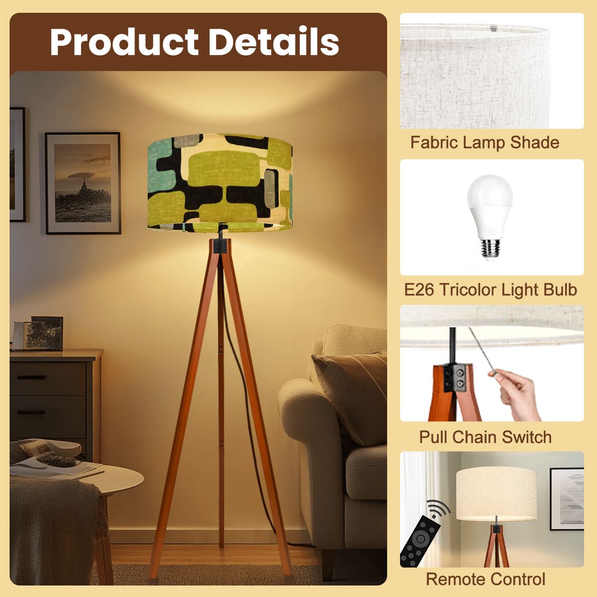 Kate McEnroe New York Mid Century Modern Tripod Floor Lamp, Retro Geometric Drum Shade, MCM Abstract Accent LightingTripod Floor LampsFgmV9IfAnk