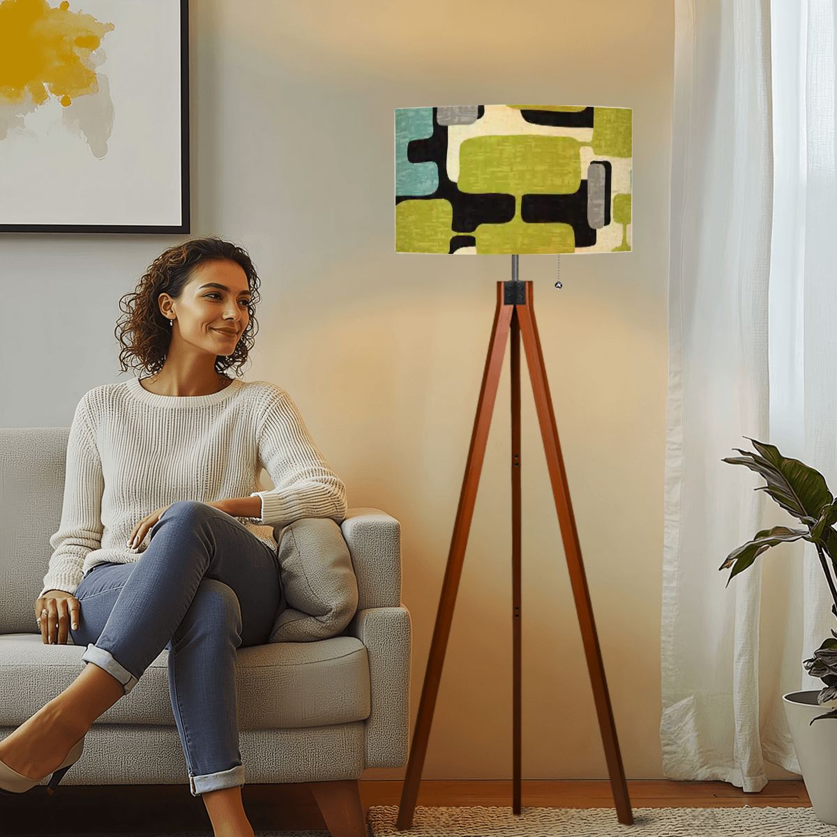 Kate McEnroe New York Mid Century Modern Tripod Floor Lamp, Retro Geometric Drum Shade, MCM Abstract Accent LightingTripod Floor LampsFgmV9IfAnk