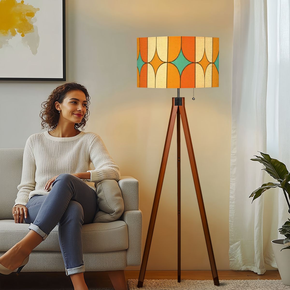 Kate McEnroe New York Mid Century Modern Tripod Floor Lamp, Retro Orange Teal Geometric LightingFloor LampsCyCjATXQZI