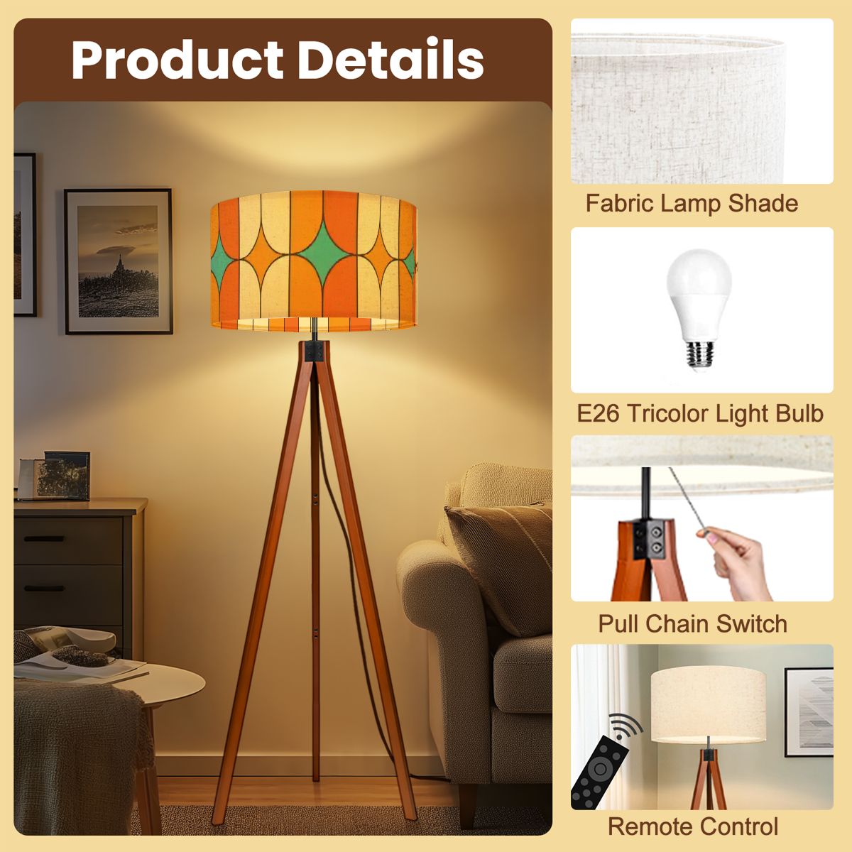 Kate McEnroe New York Mid Century Modern Tripod Floor Lamp, Retro Orange Teal Geometric LightingFloor LampsCyCjATXQZI