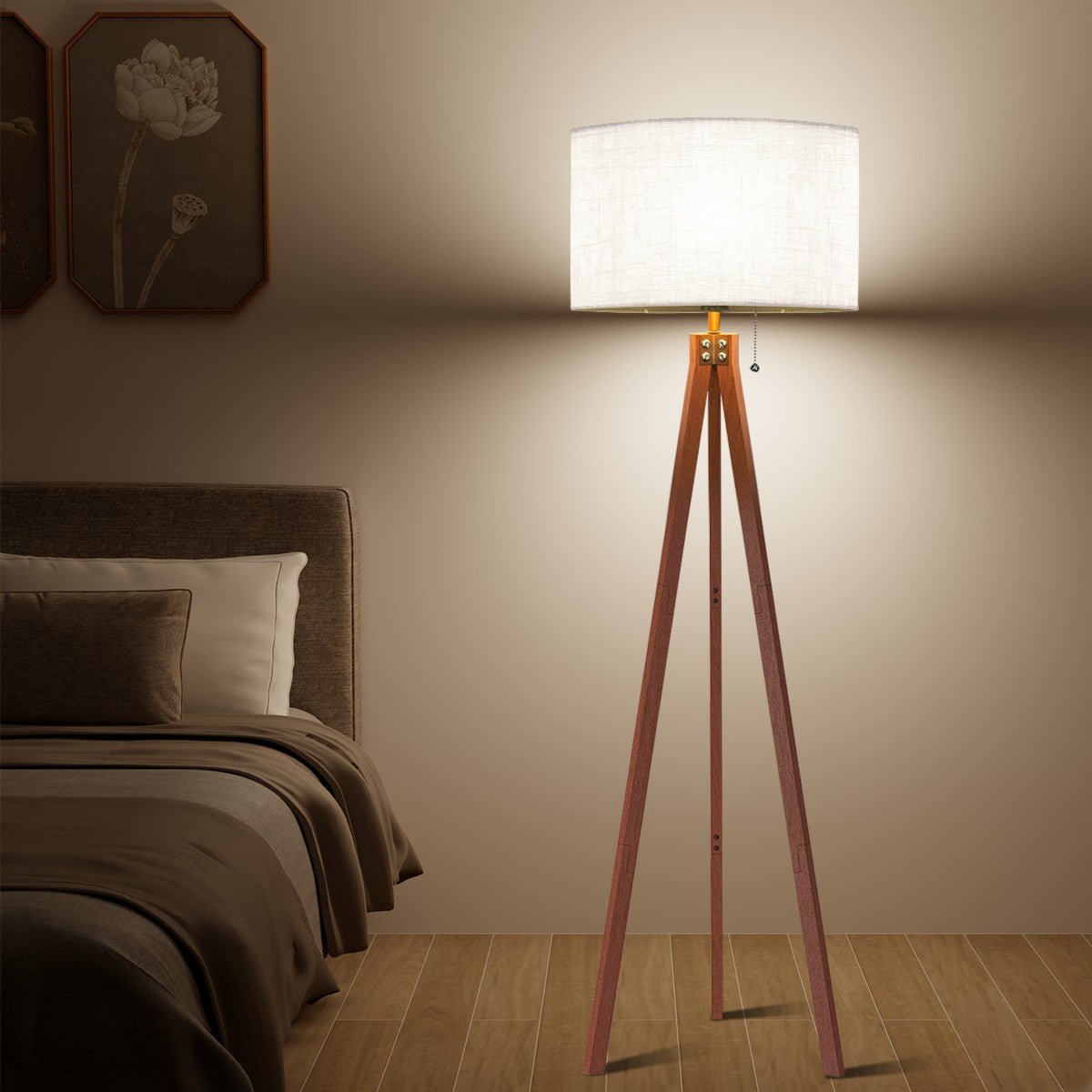 Kate McEnroe New York Mid Century Modern Tripod Floor Lamp, Retro Wood Base, Minimalist Linen Drum Shade LightingFloor LampsQx1CFLtEs6