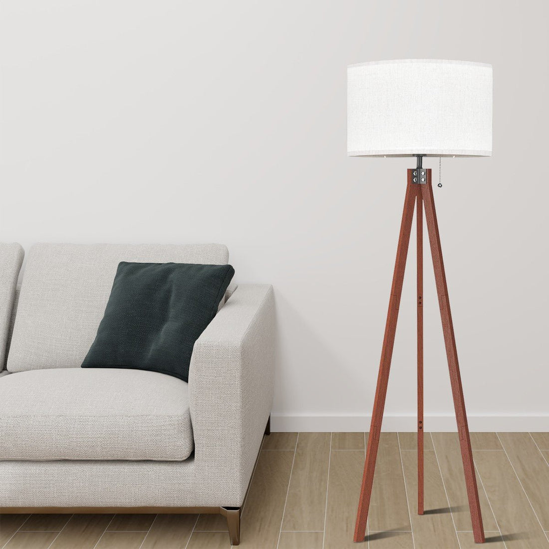 Kate McEnroe New York Mid Century Modern Tripod Floor Lamp, Retro Wood Base, Minimalist Linen Drum Shade LightingFloor LampsQx1CFLtEs6