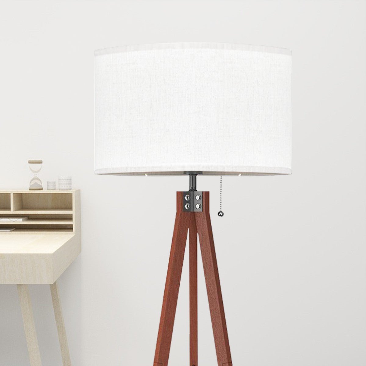Kate McEnroe New York Mid Century Modern Tripod Floor Lamp, Retro Wood Base, Minimalist Linen Drum Shade LightingFloor LampsQx1CFLtEs6