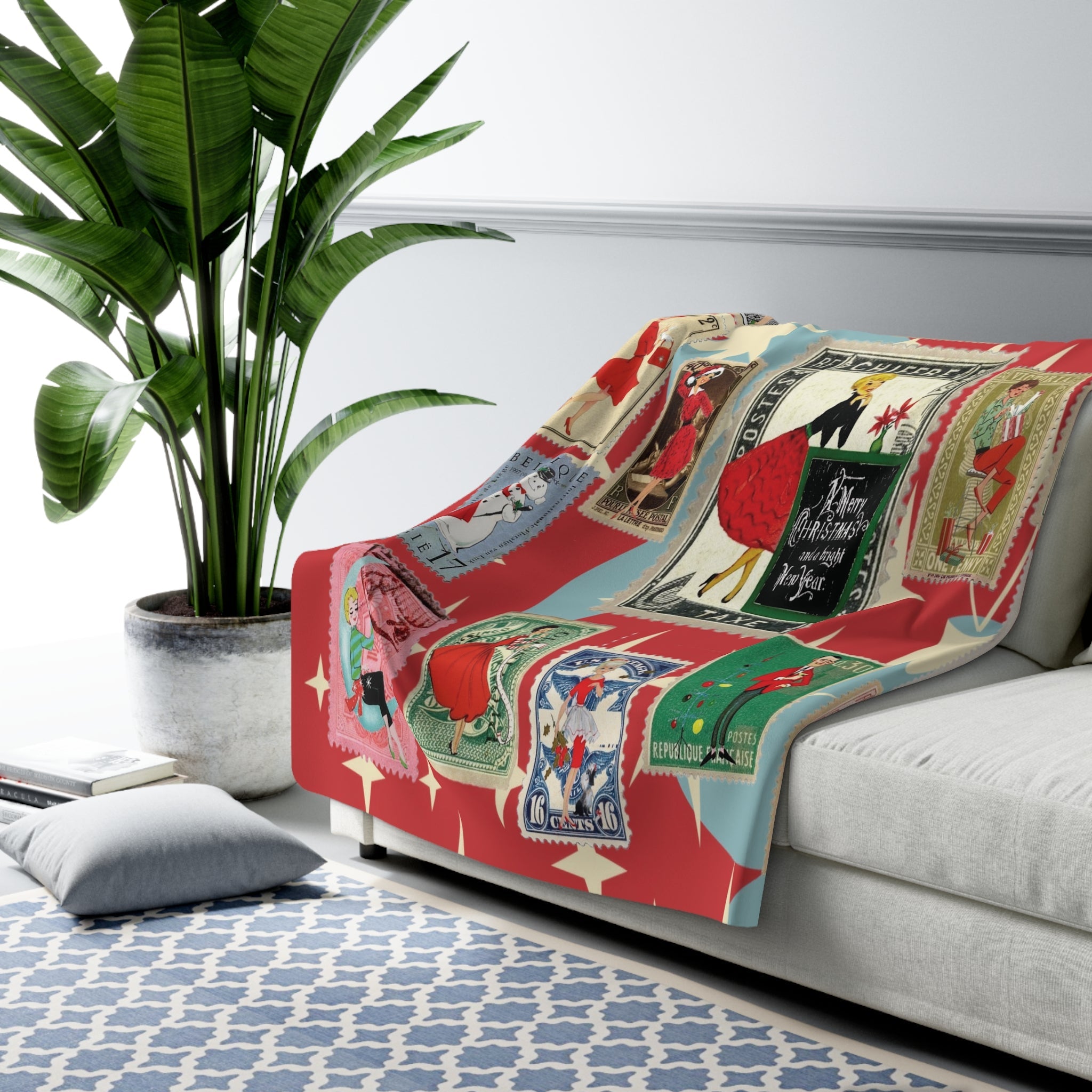 Kate McEnroe New York Mid Century Modern Vintage Christmas Stamp Blanket, Retro Postage Atomic Starburst Kitsch Sherpa ThrowBlankets33354164232856626361