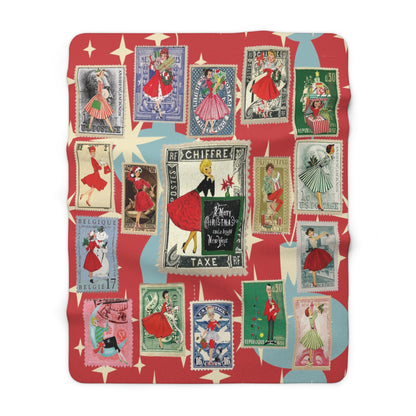 Kate McEnroe New York Mid Century Modern Vintage Christmas Stamp Blanket, Retro Postage Atomic Starburst Kitsch Sherpa ThrowBlankets33354164232856626361
