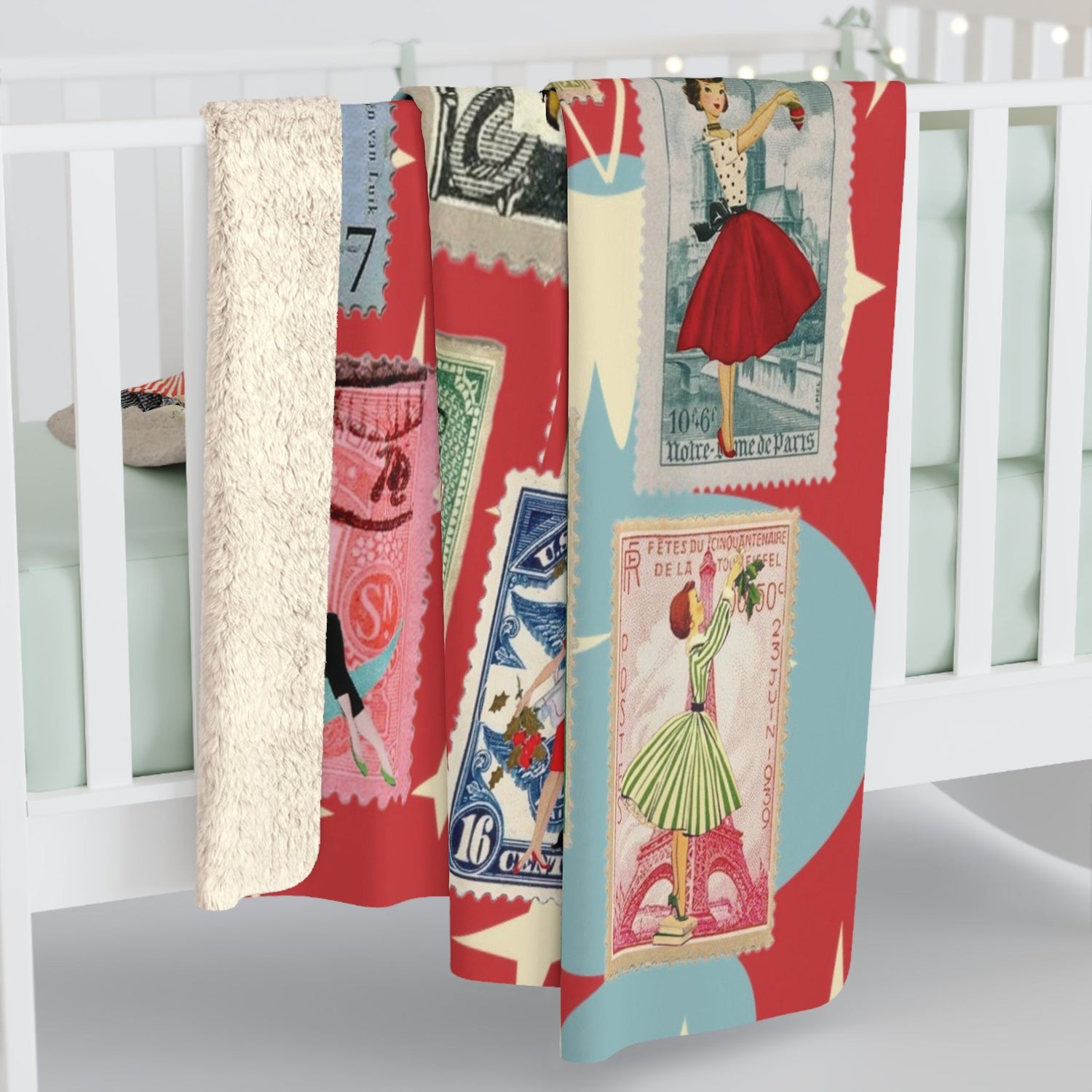 Kate McEnroe New York Mid Century Modern Vintage Christmas Stamp Blanket, Retro Postage Atomic Starburst Kitsch Sherpa ThrowBlankets33712513817882950923