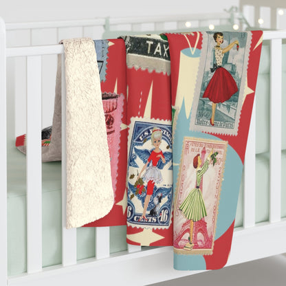 Kate McEnroe New York Mid Century Modern Vintage Christmas Stamp Blanket, Retro Postage Atomic Starburst Kitsch Sherpa ThrowBlankets33712513817882950923