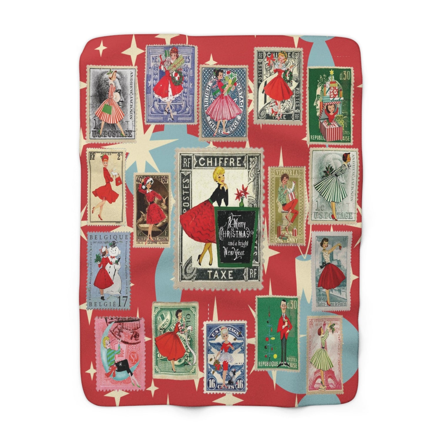 Kate McEnroe New York Mid Century Modern Vintage Christmas Stamp Blanket, Retro Postage Atomic Starburst Kitsch Sherpa ThrowBlankets33712513817882950923
