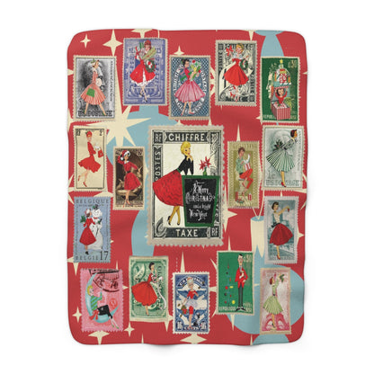 Kate McEnroe New York Mid Century Modern Vintage Christmas Stamp Blanket, Retro Postage Atomic Starburst Kitsch Sherpa ThrowBlankets33712513817882950923