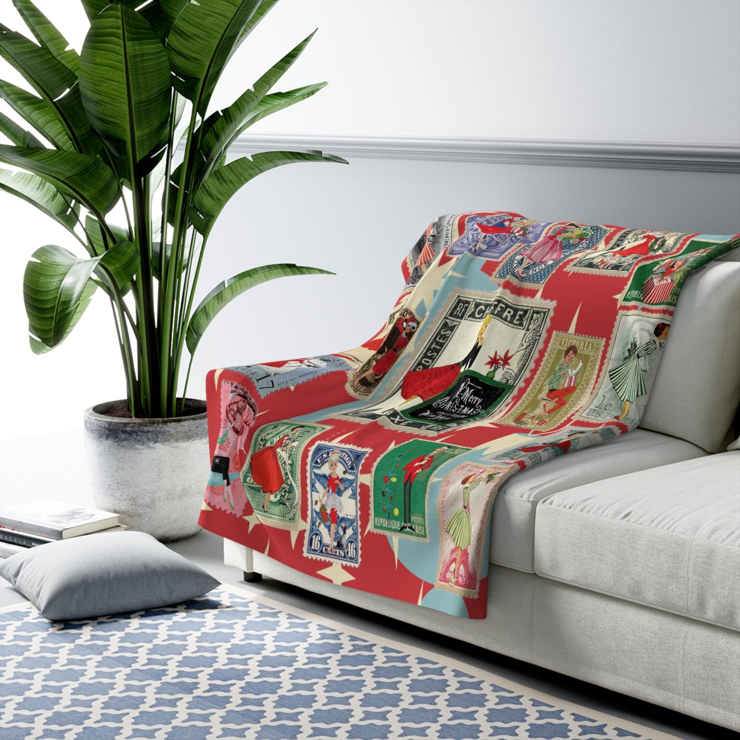 Kate McEnroe New York Mid Century Modern Vintage Christmas Stamp Blanket, Retro Postage Atomic Starburst Kitsch Sherpa ThrowBlankets33712513817882950923