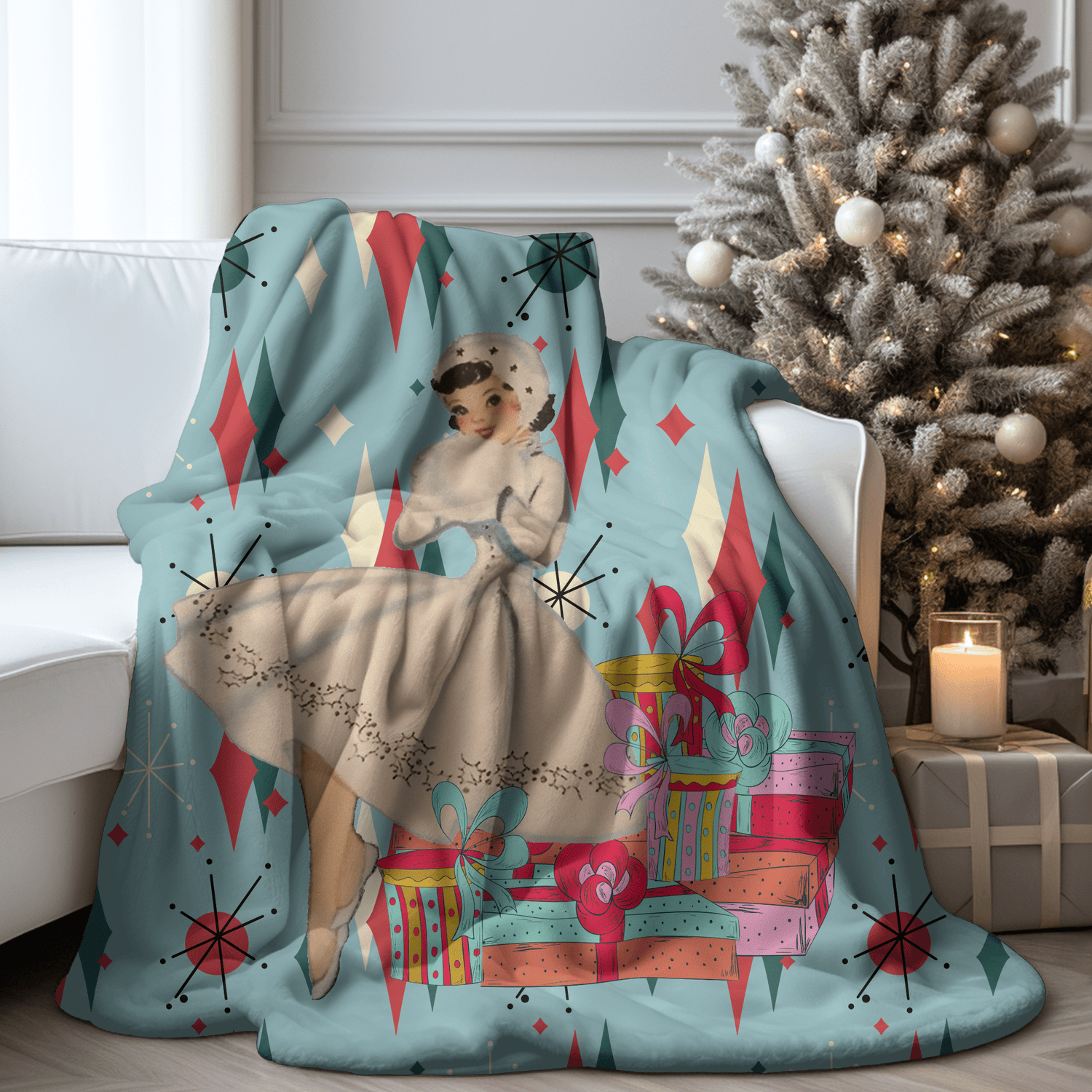 Kate McEnroe New York Mid Century Modern Vintage Sherpa Blanket, Retro Aqua Fleece ThrowBlankets31998601533718633552