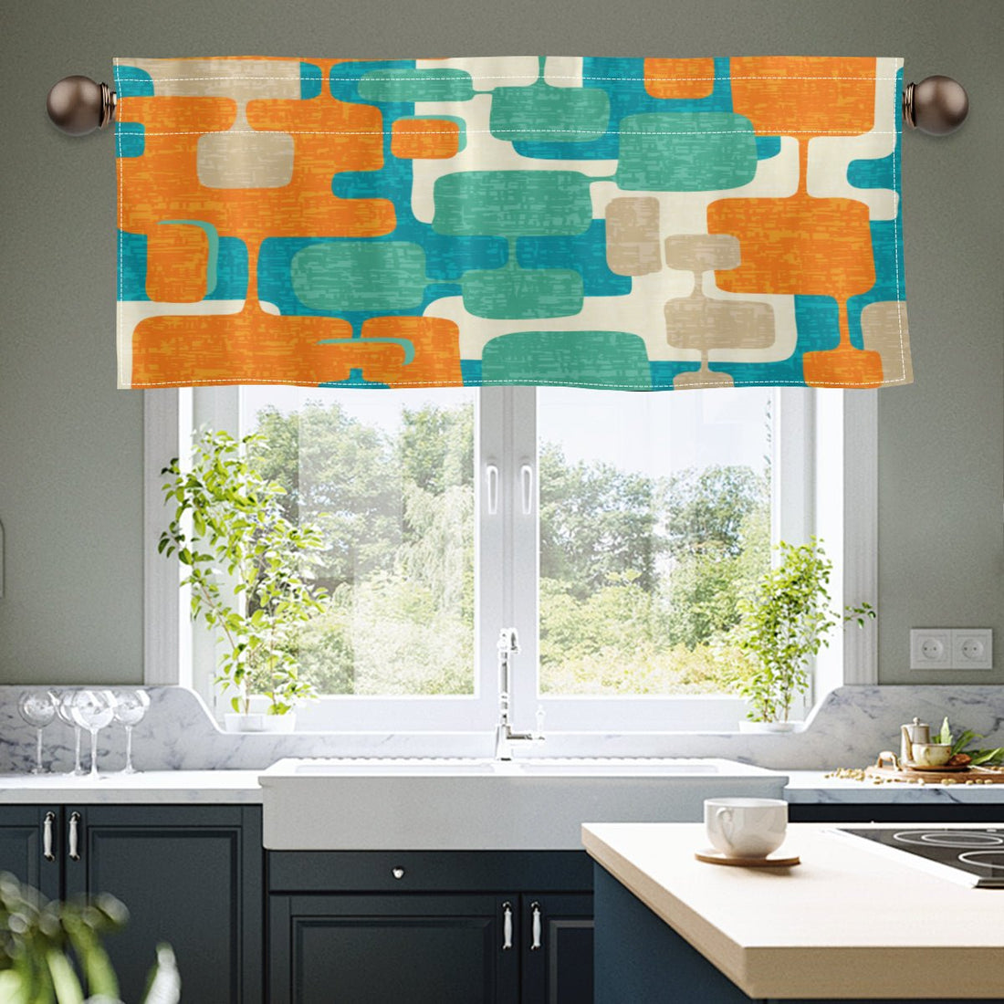 Kate McEnroe New York Mid Century Modern Window Valance, Retro Geometric Atomic Kitchen CurtainValancesH5KRTB - 33VFAS - 22DRJ7
