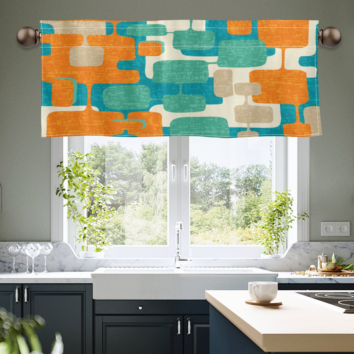 Kate McEnroe New York Mid Century Modern Window Valance, Retro Geometric Atomic Kitchen CurtainValancesH5KRTB - 33VFAS - 22DRJ7