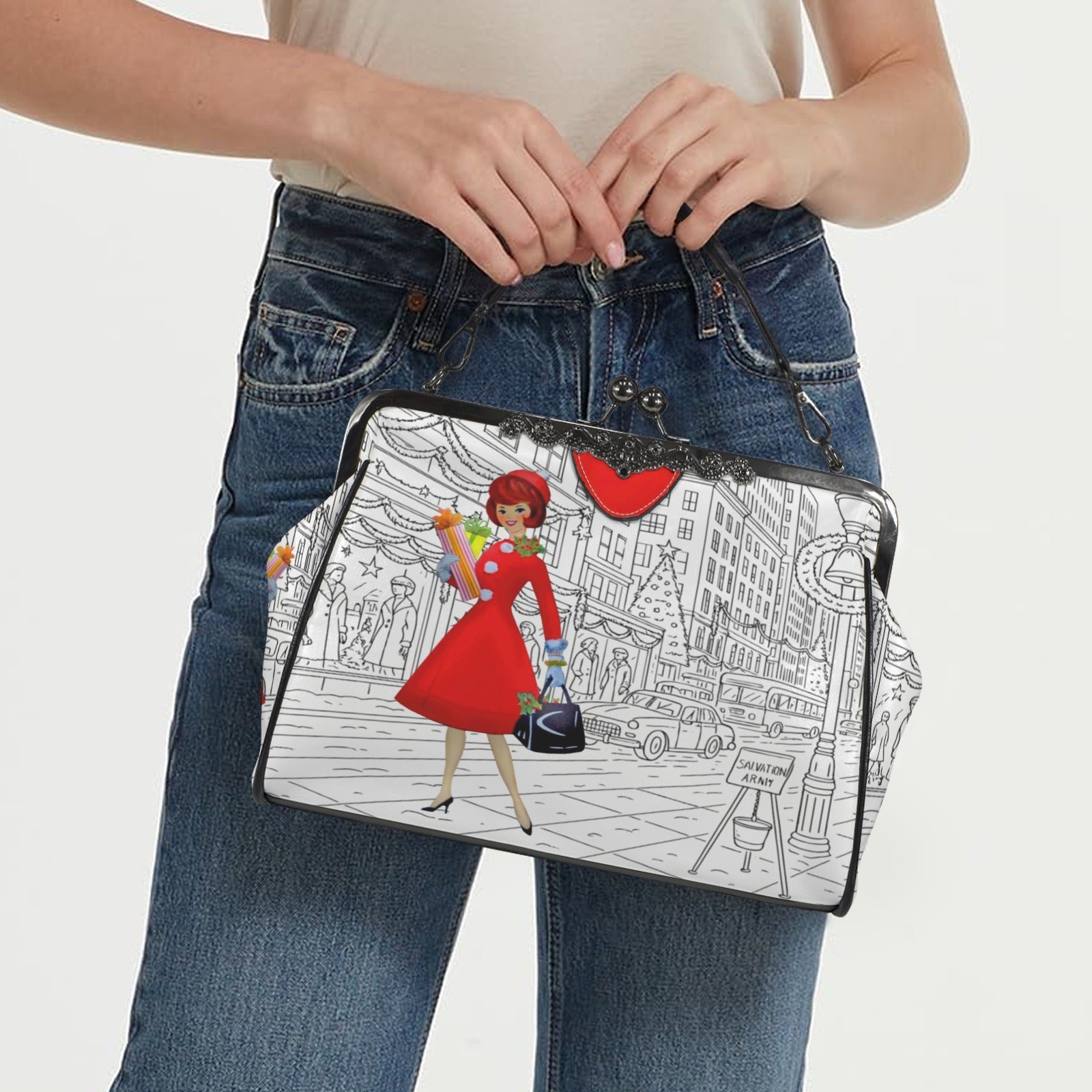 Kate McEnroe New York Mid Century NYC Christmas Kiss Lock Purse Retro Swanky HandbagCrossbody BagsD3258424