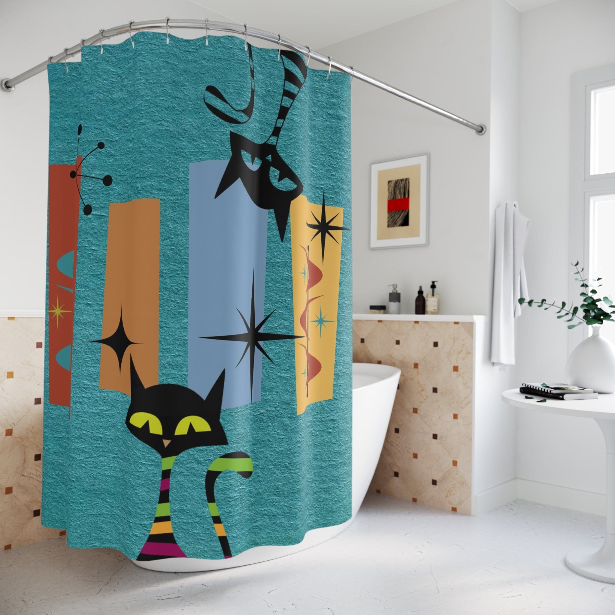 Kate McEnroe New York Mid Century Retro Modern Atomic Cat Geometric Shower CurtainsShower CurtainsS40 - PEP - CAT - 7X7