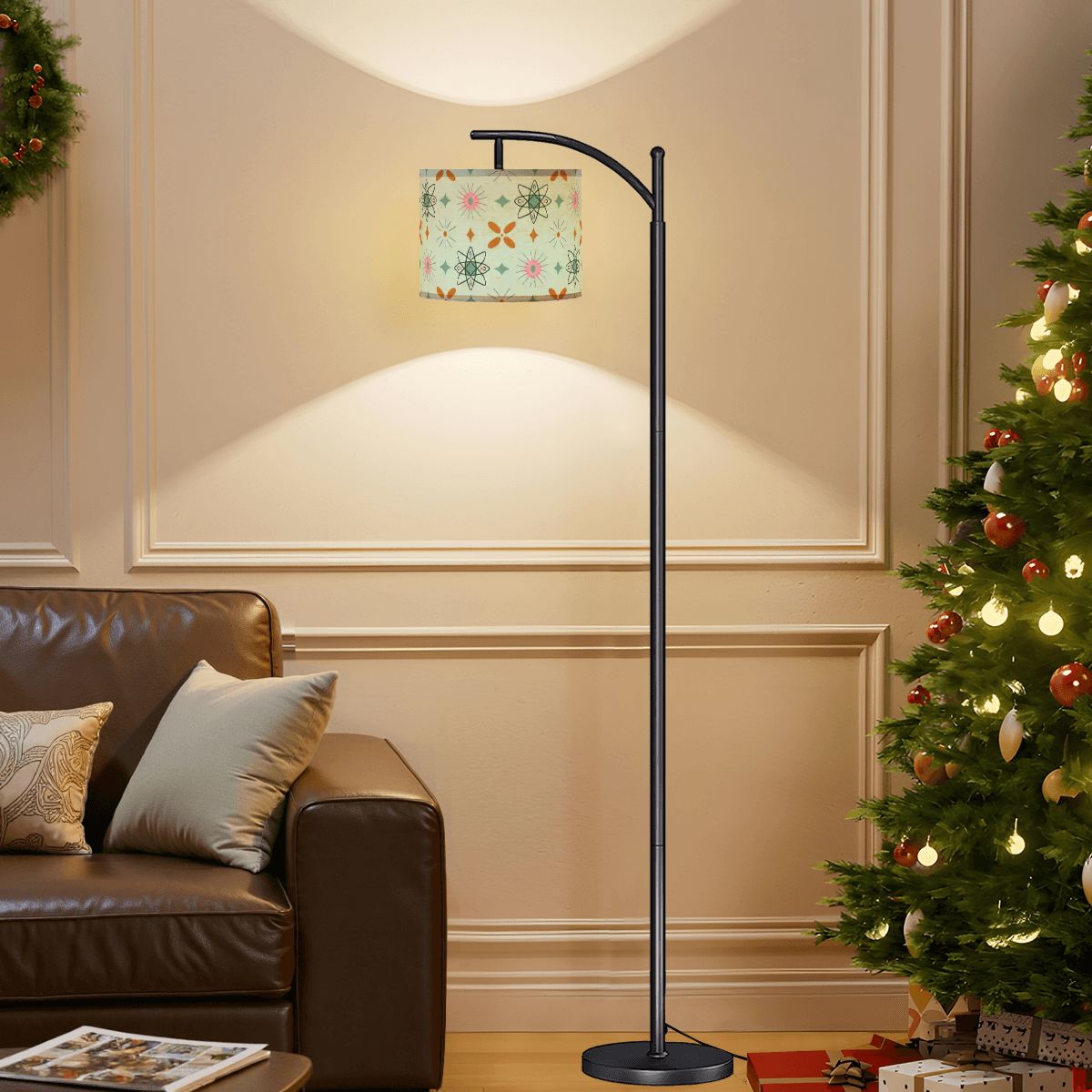 Kate McEnroe New York Mid Mod Atomic Age Arc Floor Lamp, Retro Pink Green Starburst ShadeArc Floor LampsMeK12XXWzg