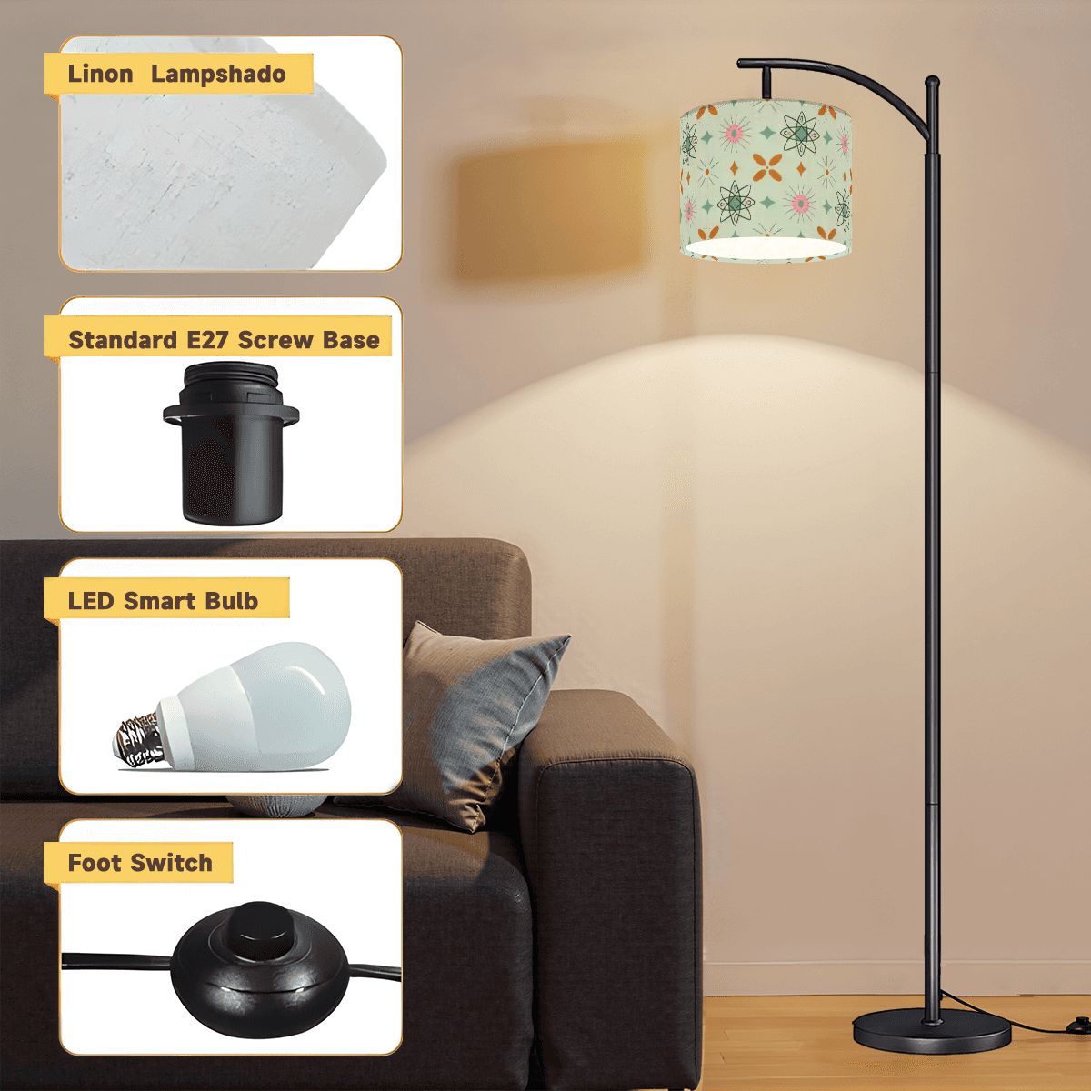 Kate McEnroe New York Mid Mod Atomic Age Arc Floor Lamp, Retro Pink Green Starburst ShadeArc Floor LampsMeK12XXWzg