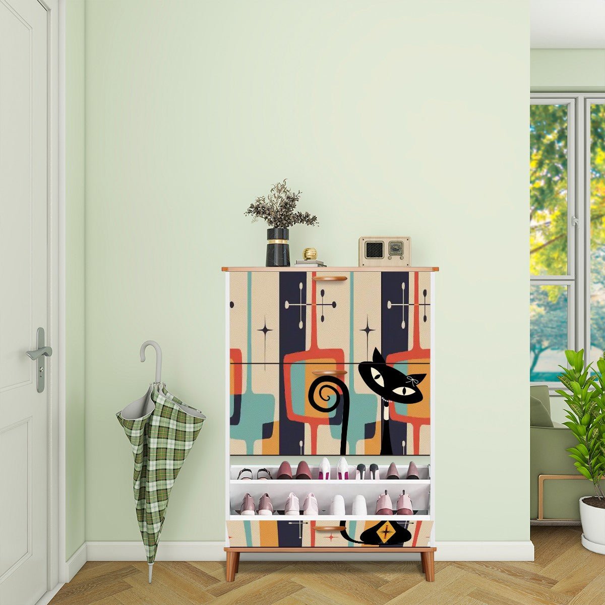 Kate McEnroe New York Mid Mod Atomic Cat 3 - Tier Shoe Cabinet, Retro Boomerang Starburst Mudroom Organiser, MCM Entryway StorageShoe StoragebNaNXlzIBg