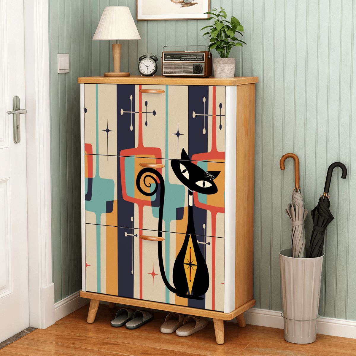 Kate McEnroe New York Mid Mod Atomic Cat 3-Tier Shoe Cabinet, Retro Boomerang Starburst Mudroom Organiser, MCM Entryway StorageShoe StoragebNaNXlzIBg