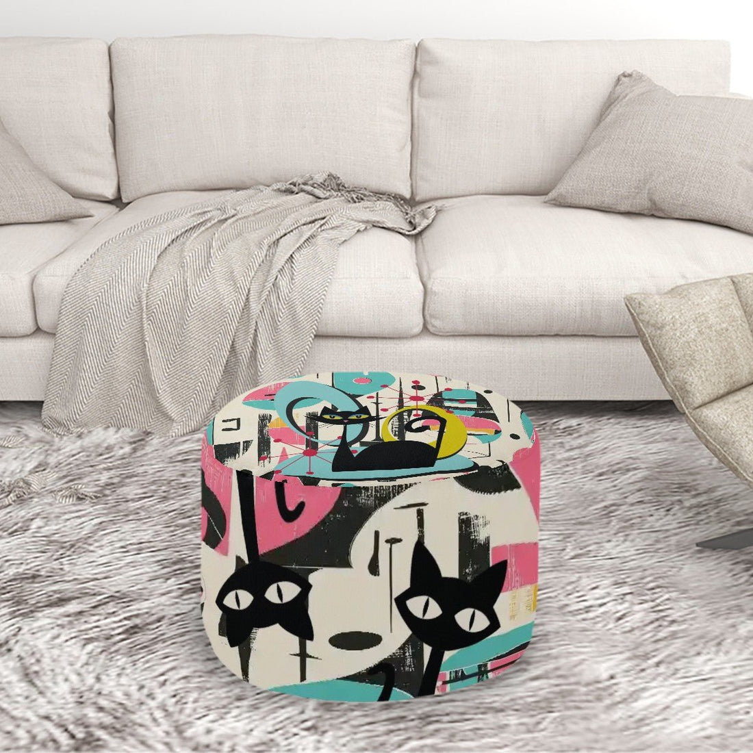 Kate McEnroe New York Mid Mod Atomic Cat Abstract Art Pouf, 50s Retro Lounge Ottoman, MCM Bold Colors Footstool, Mid Century Modern Living RoomOttomansmYeWMfyOB9