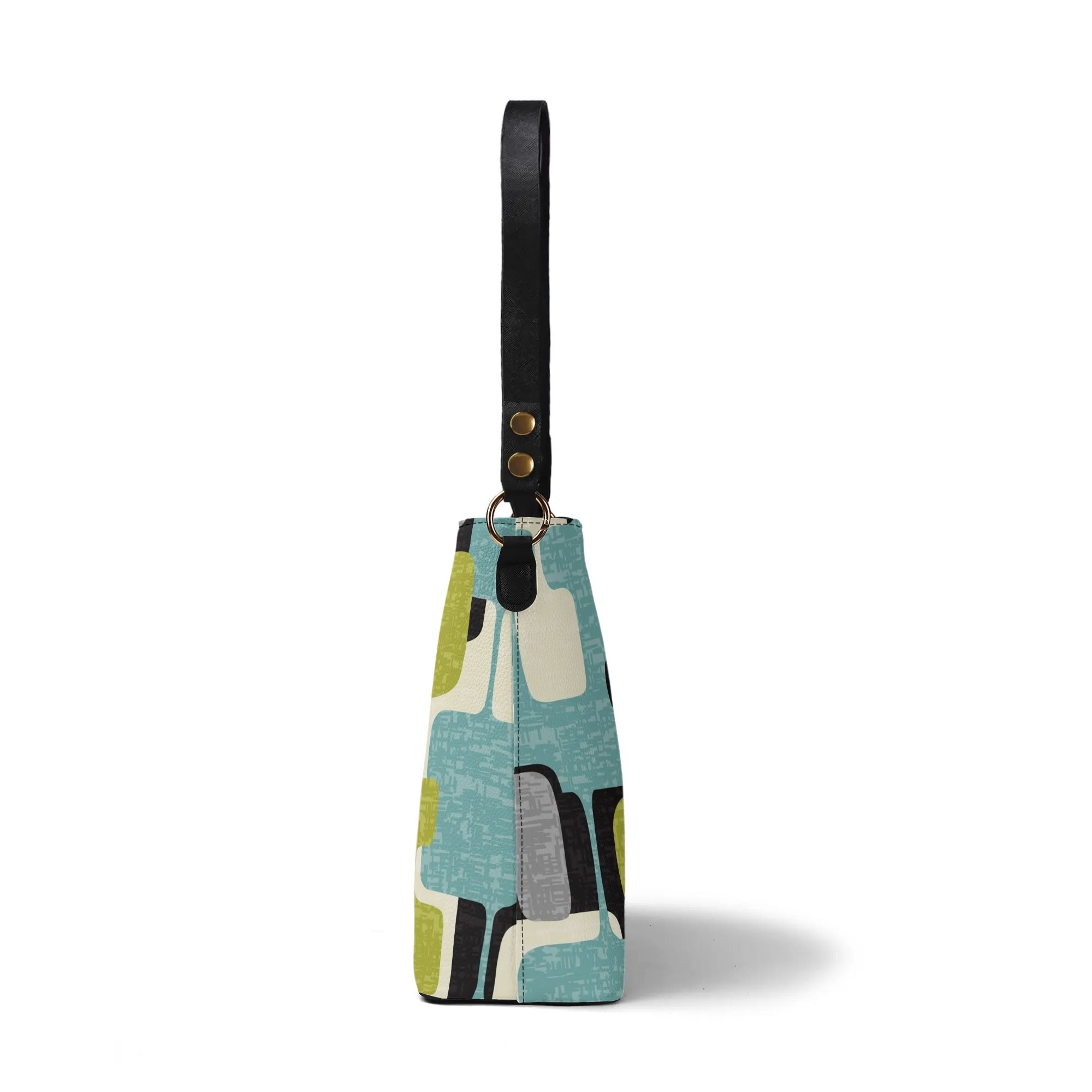 Kate McEnroe New York Mid Mod Atomic Cat Abstract Block Bucket Bag, Retro Teal, Lime Green, Gray MCM Geometric Handbag, Vintage 60s Style PurseHandbagsN9RMPQDW - 1