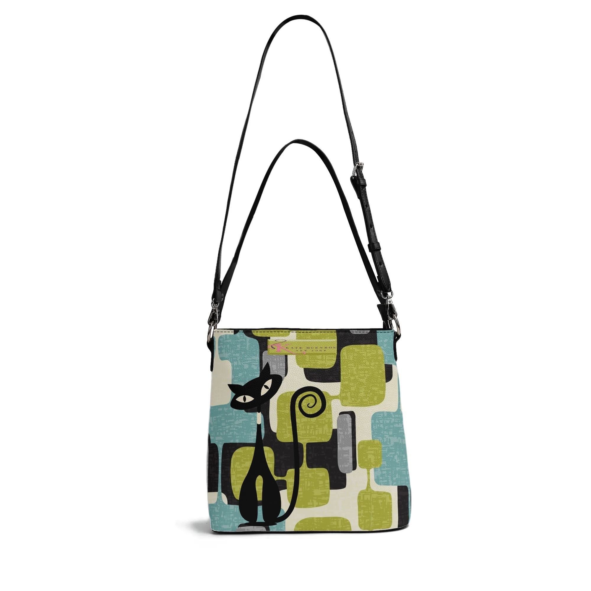 Kate McEnroe New York Mid Mod Atomic Cat Abstract Block Bucket Bag, Retro Teal, Lime Green, Gray MCM Geometric Handbag, Vintage 60s Style PurseHandbagsN9RMPQDW - 1