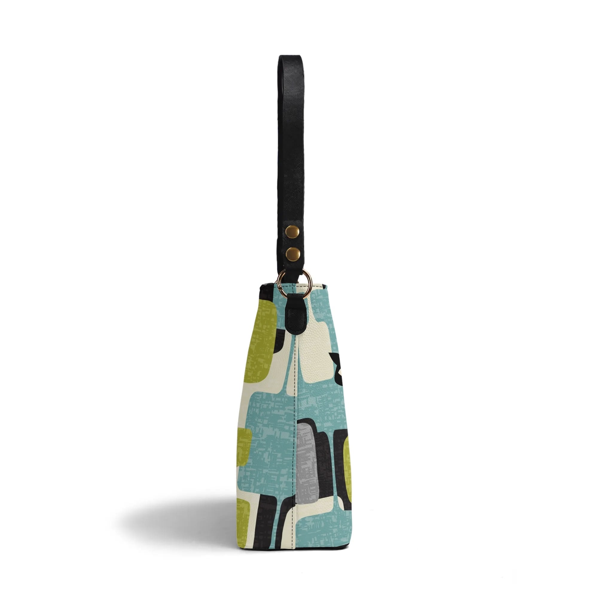 Kate McEnroe New York Mid Mod Atomic Cat Abstract Block Bucket Bag, Retro Teal, Lime Green, Gray MCM Geometric Handbag, Vintage 60s Style PurseHandbagsN9RMPQDW - 1