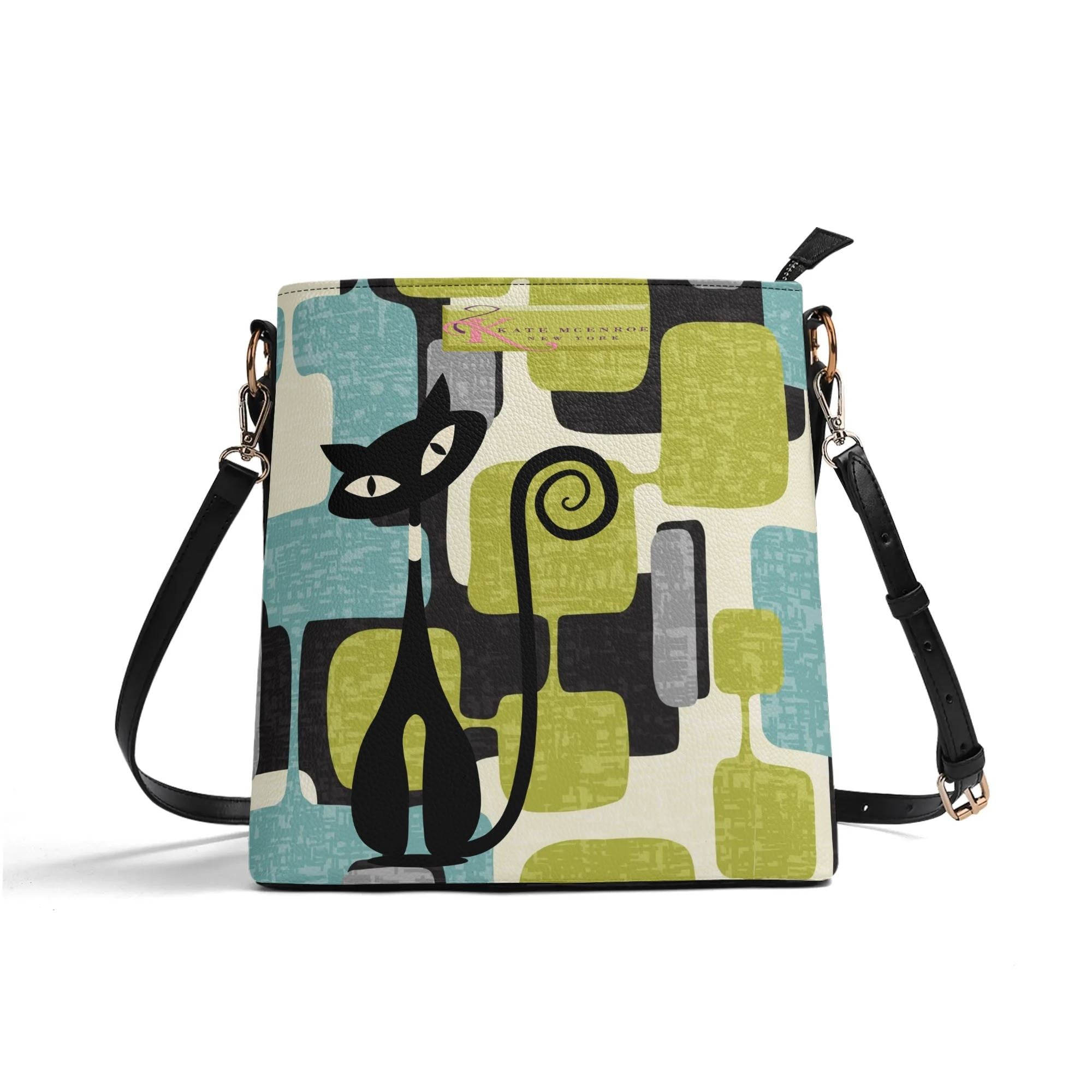 Kate McEnroe New York Mid Mod Atomic Cat Abstract Block Bucket Bag, Retro Teal, Lime Green, Gray MCM Geometric Handbag, Vintage 60s Style PurseHandbagsN9RMPQDW - 1