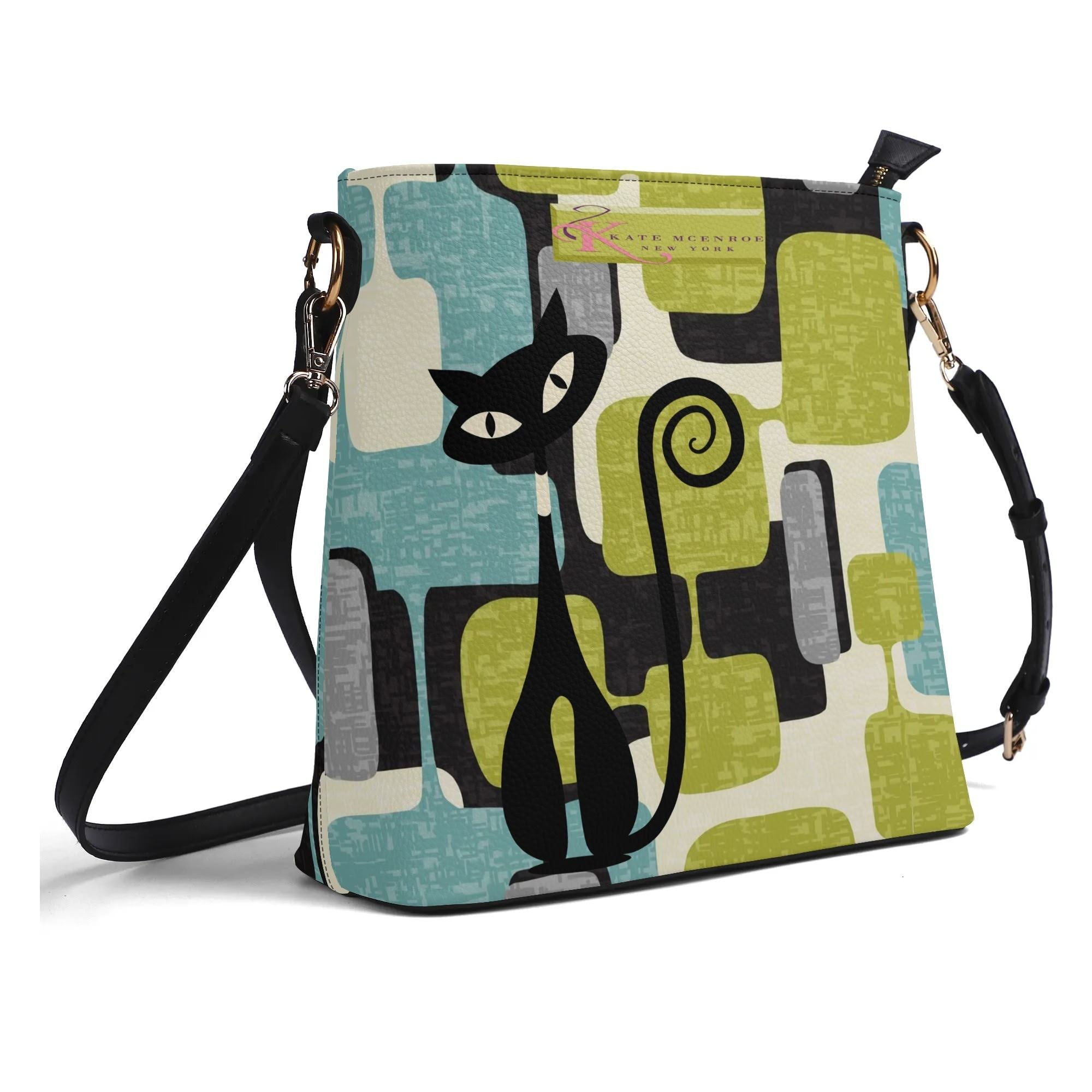 Kate McEnroe New York Mid Mod Atomic Cat Abstract Block Bucket Bag, Retro Teal, Lime Green, Gray MCM Geometric Handbag, Vintage 60s Style PurseHandbagsN9RMPQDW - 1