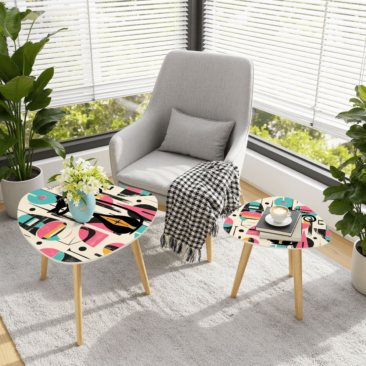 Kate McEnroe New York Mid Mod Atomic Cat Abstract Nesting End Tables, Retro MCM Coffee Table, Quirky 50s FurnitureNesting TablesF7EJMTCBnb