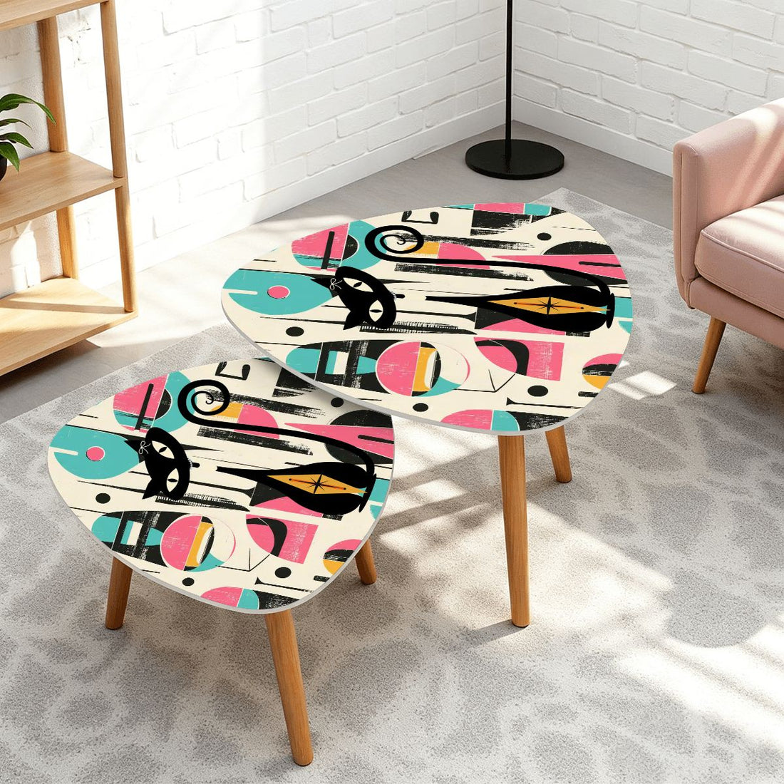 Kate McEnroe New York Mid Mod Atomic Cat Abstract Nesting End Tables, Retro MCM Coffee Table, Quirky 50s FurnitureNesting TablesF7EJMTCBnb