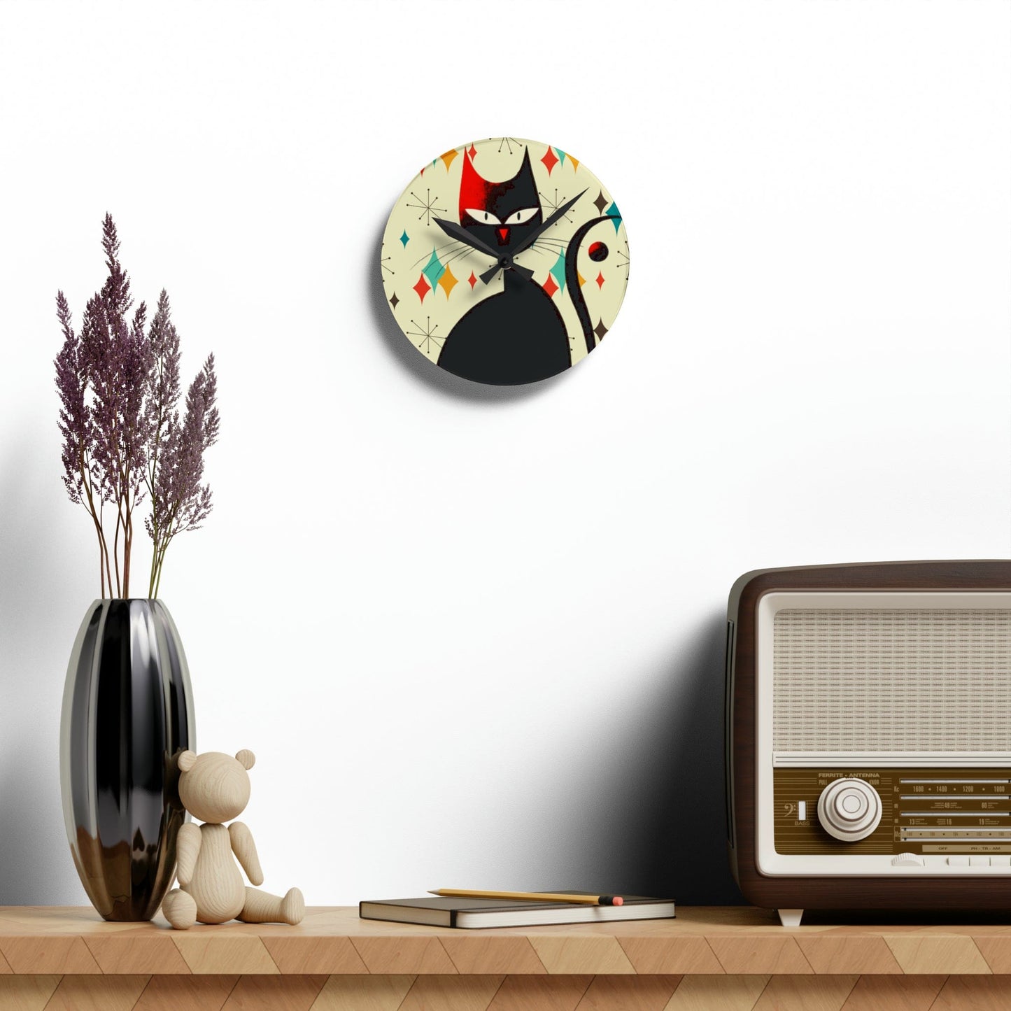 Kate McEnroe New York Mid Mod Atomic Cat Franciscan Diamond Starburst Acrylic Wall Clock, Retro MCM Living Room, Bedroom, Kids Room Home Decor Wall Clocks
