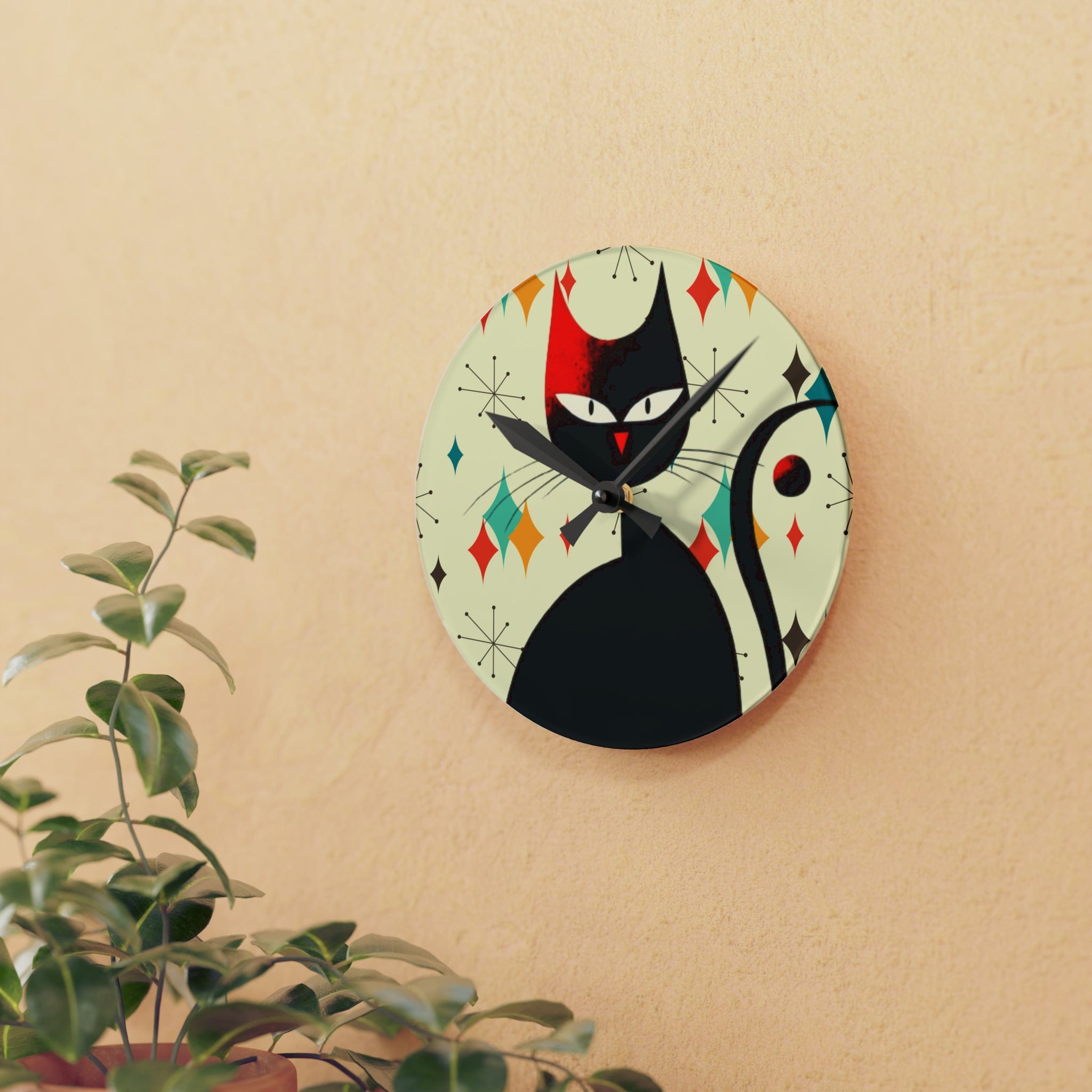 Kate McEnroe New York Mid Mod Atomic Cat Franciscan Diamond Starburst Acrylic Wall Clock, Retro MCM Living Room, Bedroom, Kids Room Home DecorWall Clocks17709933974678485363