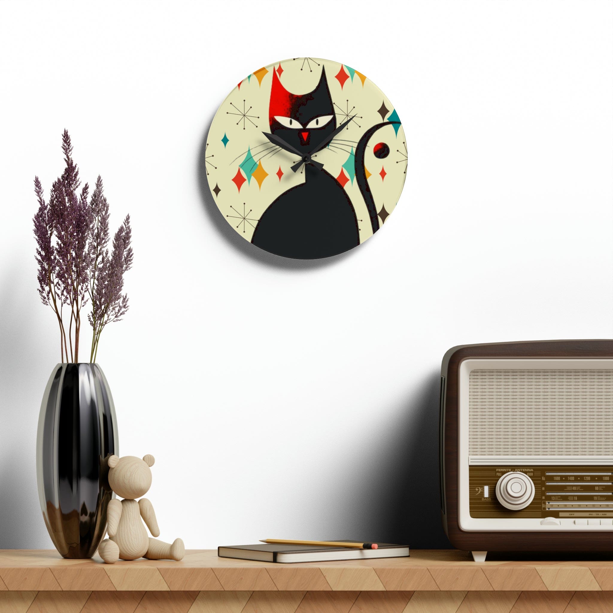 Kate McEnroe New York Mid Mod Atomic Cat Franciscan Diamond Starburst Acrylic Wall Clock, Retro MCM Living Room, Bedroom, Kids Room Home DecorWall Clocks17709933974678485363