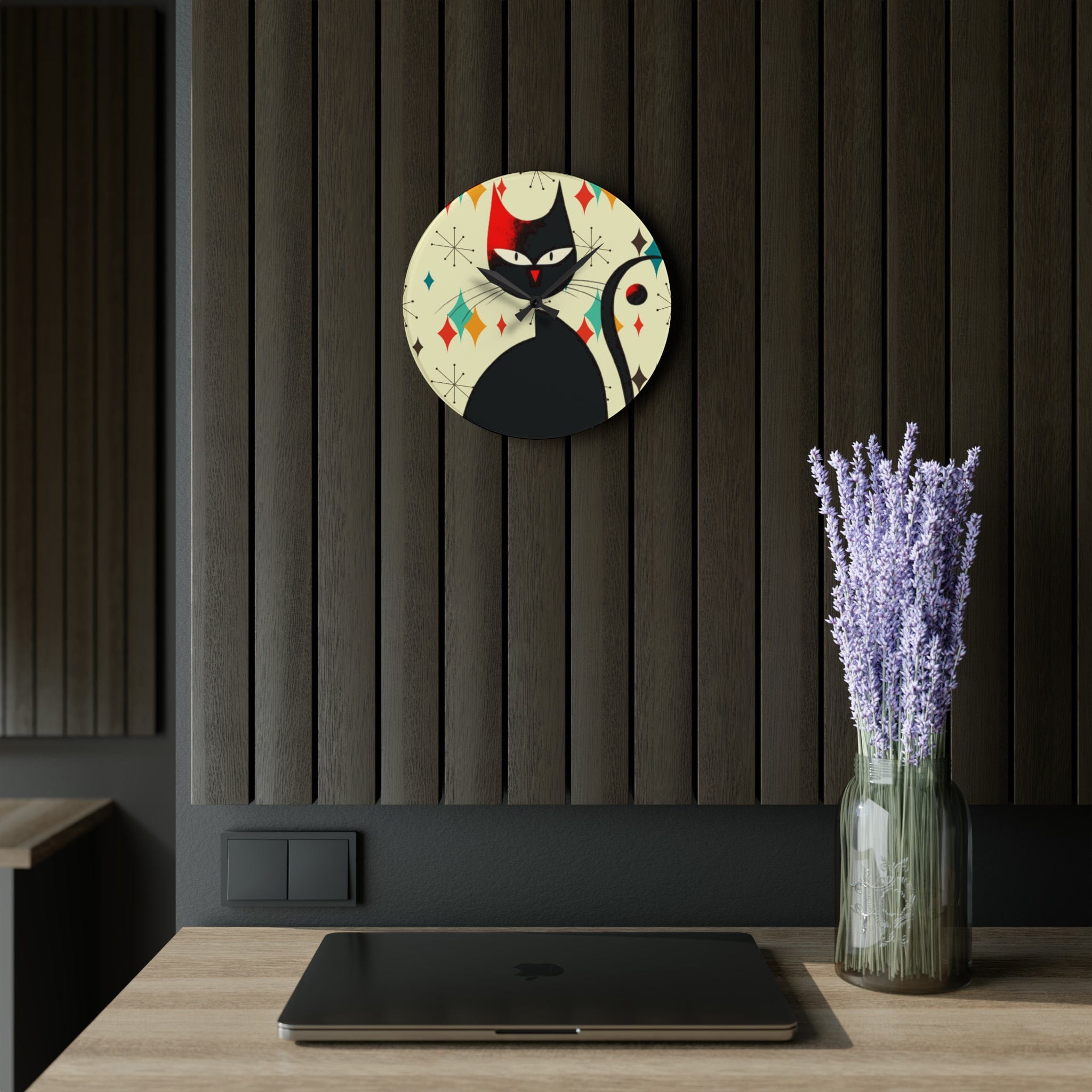 Kate McEnroe New York Mid Mod Atomic Cat Franciscan Diamond Starburst Acrylic Wall Clock, Retro MCM Living Room, Bedroom, Kids Room Home DecorWall Clocks17709933974678485363