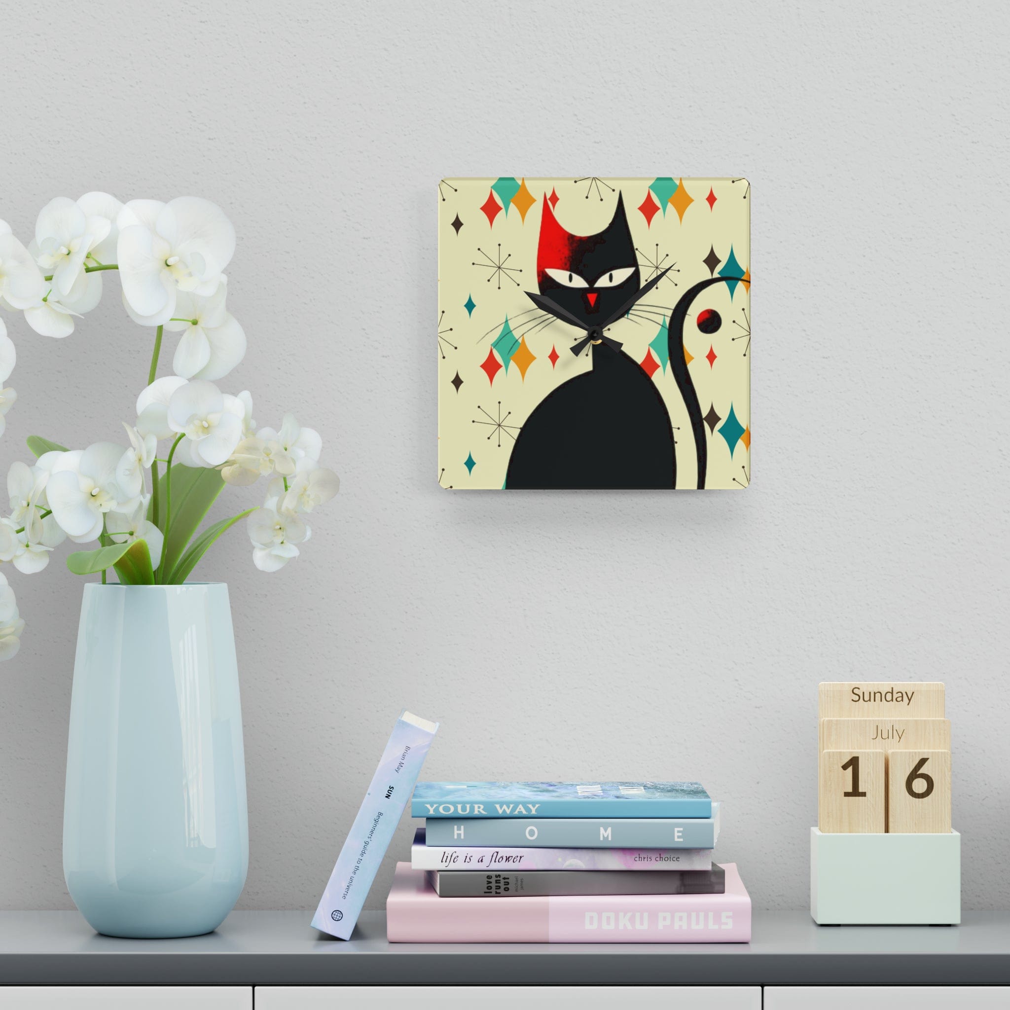 Kate McEnroe New York Mid Mod Atomic Cat Franciscan Diamond Starburst Acrylic Wall Clock, Retro MCM Living Room, Bedroom, Kids Room Home DecorWall Clocks17709933974678485363