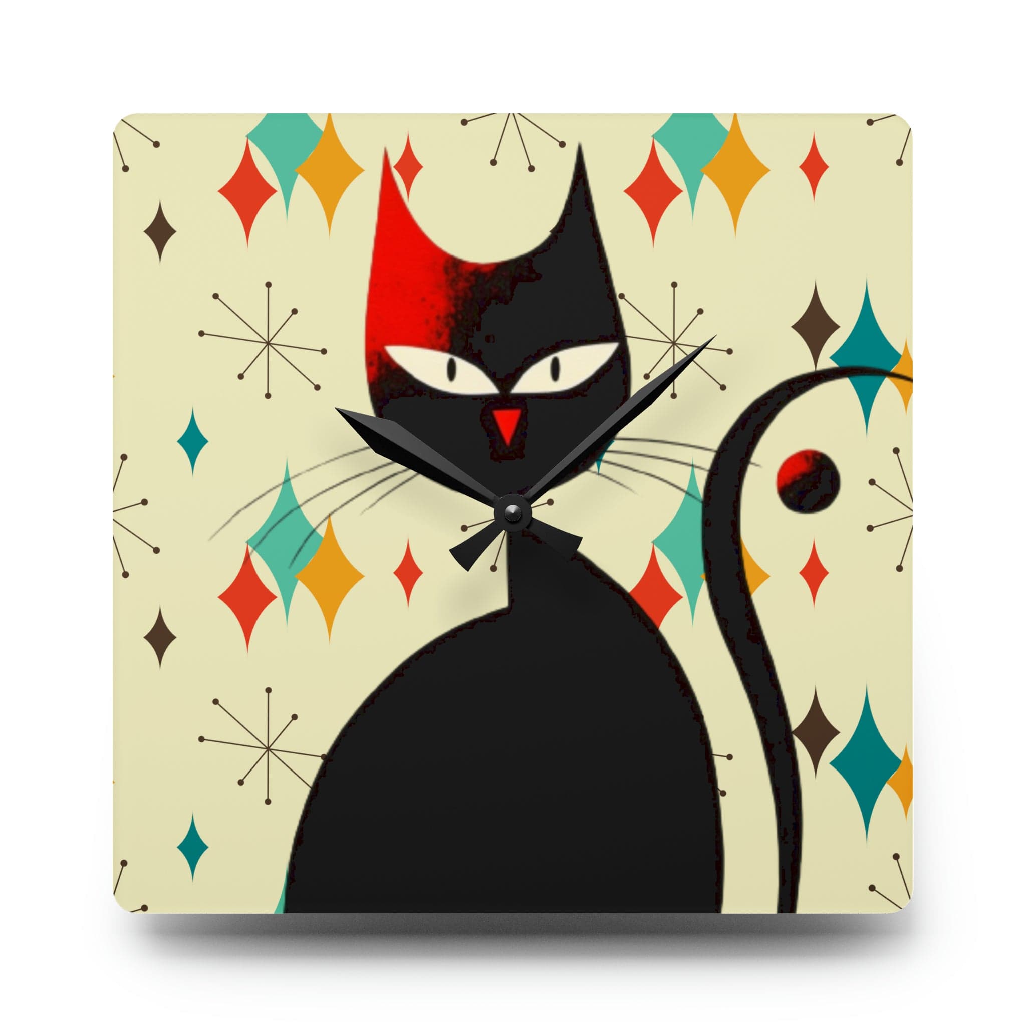 Kate McEnroe New York Mid Mod Atomic Cat Franciscan Diamond Starburst Acrylic Wall Clock, Retro MCM Living Room, Bedroom, Kids Room Home DecorWall Clocks31868131398601943482