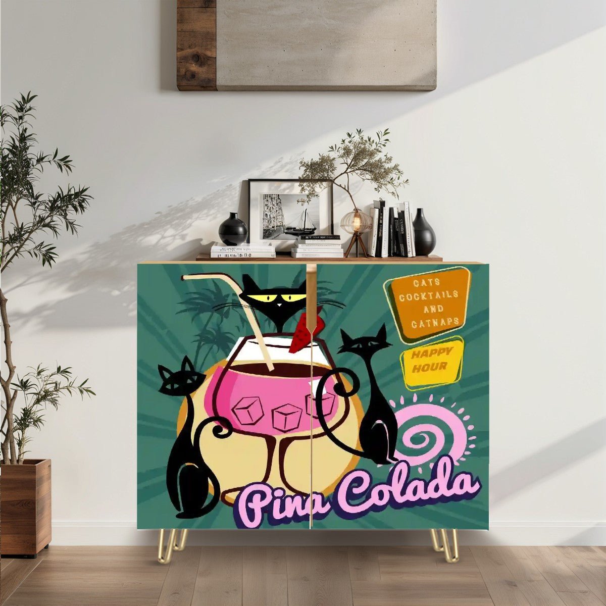Kate McEnroe New York Mid Mod Cats, Cocktails and Catnaps Cabinet, Retro Atomic Cat Tiki Lounge Credenza, MCM StorageStorage CabinetsvkzheWrLfm