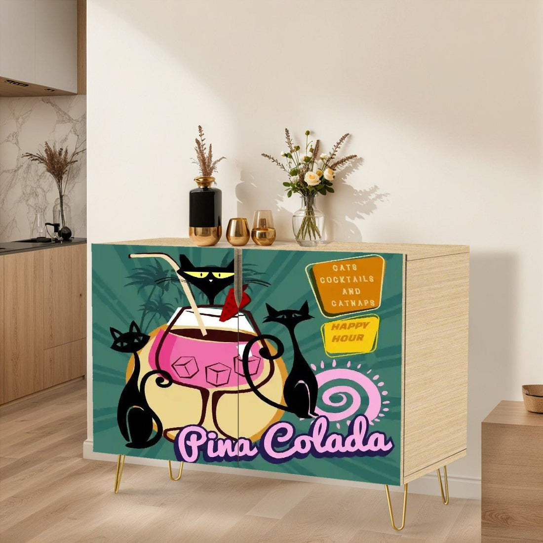 Kate McEnroe New York Mid Mod Cats, Cocktails and Catnaps Cabinet, Retro Atomic Cat Tiki Lounge Credenza, MCM StorageStorage CabinetsvkzheWrLfm