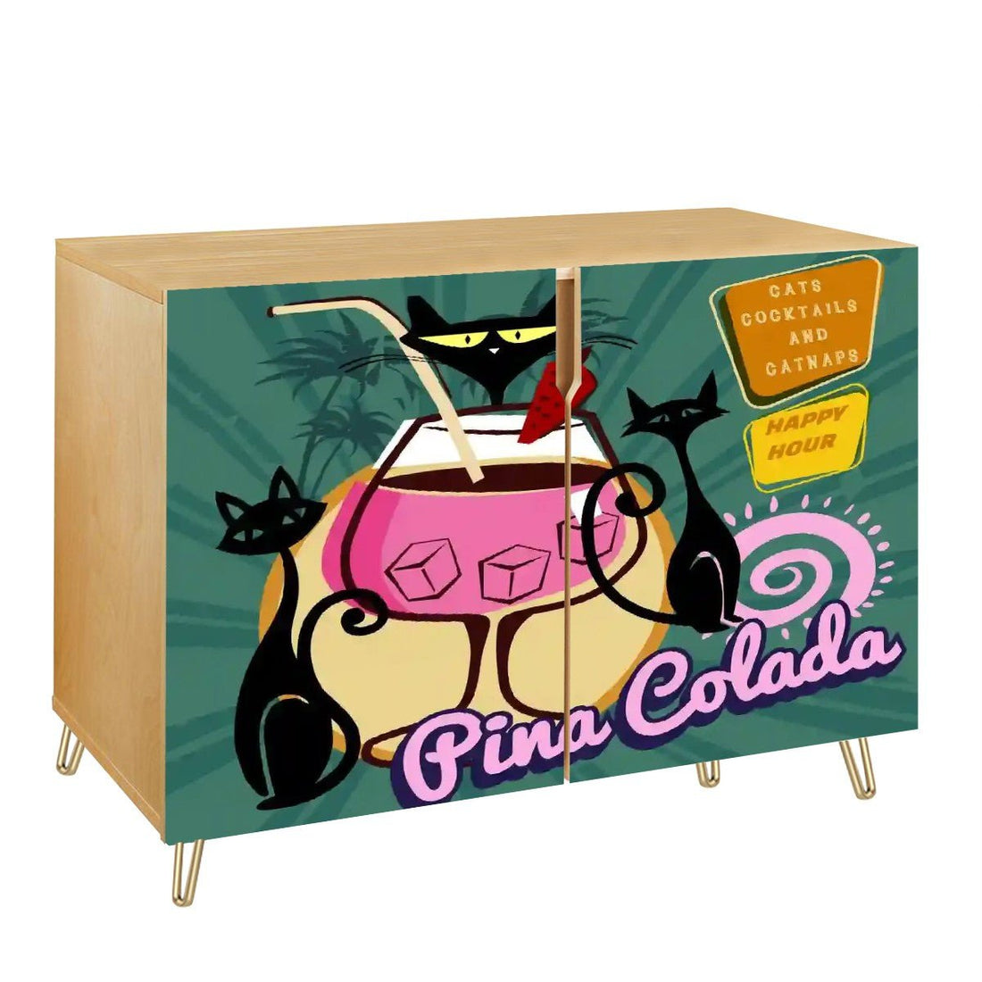 Kate McEnroe New York Mid Mod Cats, Cocktails and Catnaps Cabinet, Retro Atomic Cat Tiki Lounge Credenza, MCM StorageStorage CabinetsvkzheWrLfm