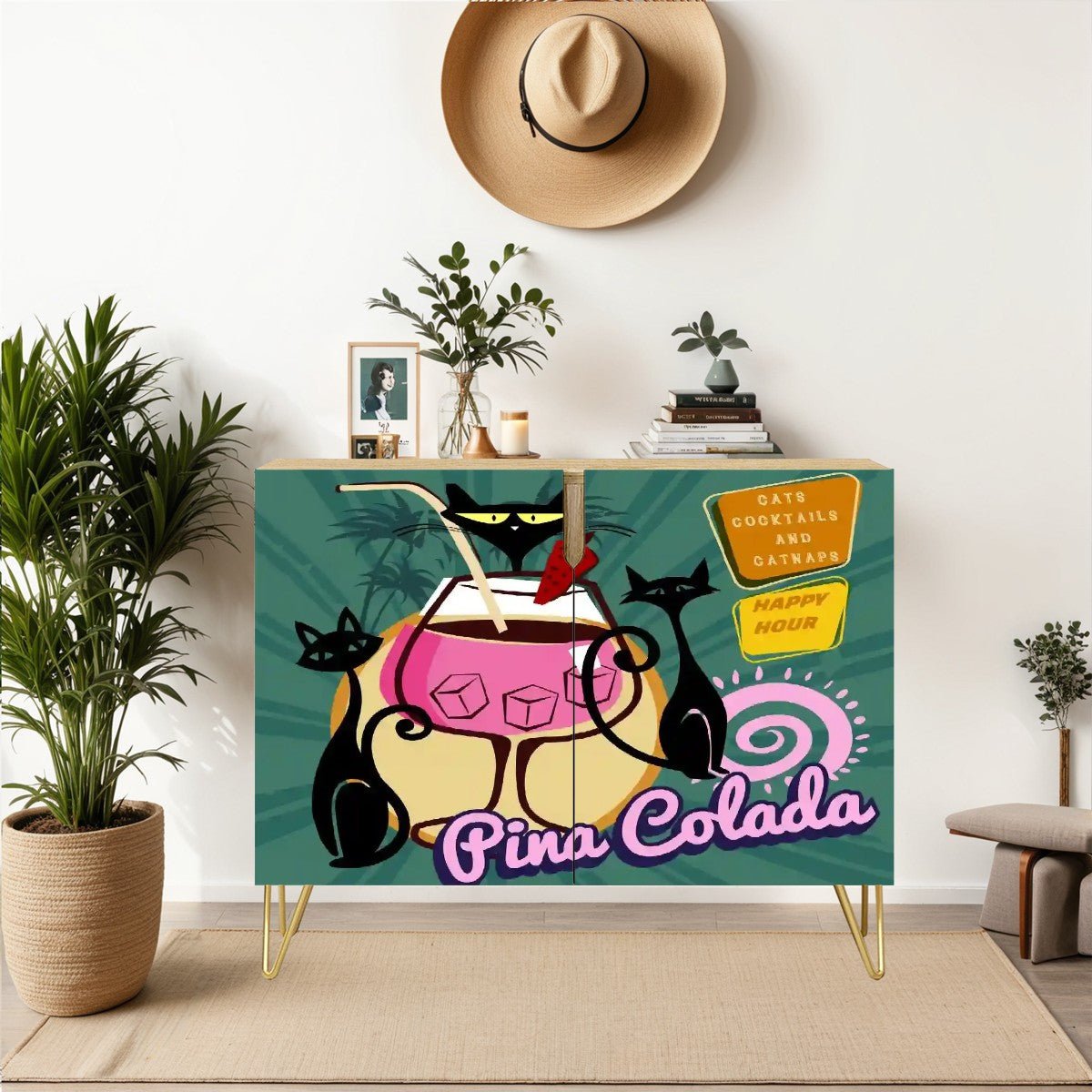 Kate McEnroe New York Mid Mod Cats, Cocktails and Catnaps Cabinet, Retro Atomic Cat Tiki Lounge Credenza, MCM StorageStorage CabinetsvkzheWrLfm