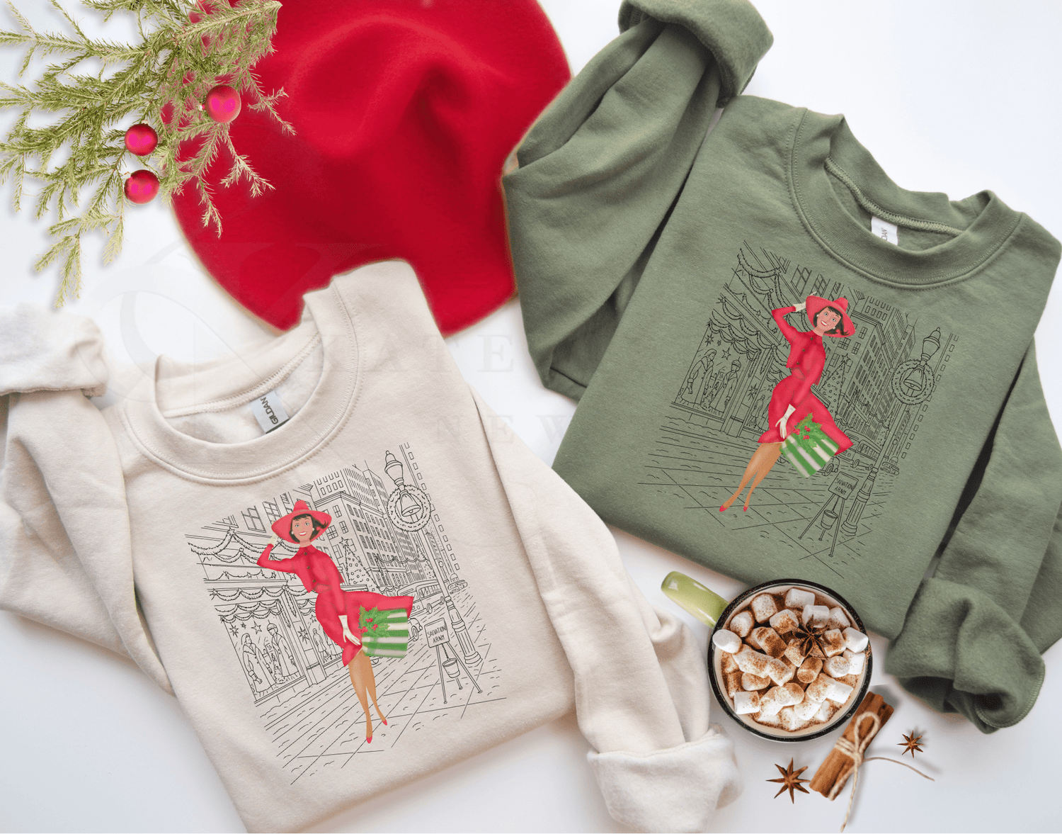 Kate McEnroe New York Mid Mod Cityscape Holiday Sweatshirt, Retro Vintage 50s Christmas CrewneckSweatshirts18871664530893011467