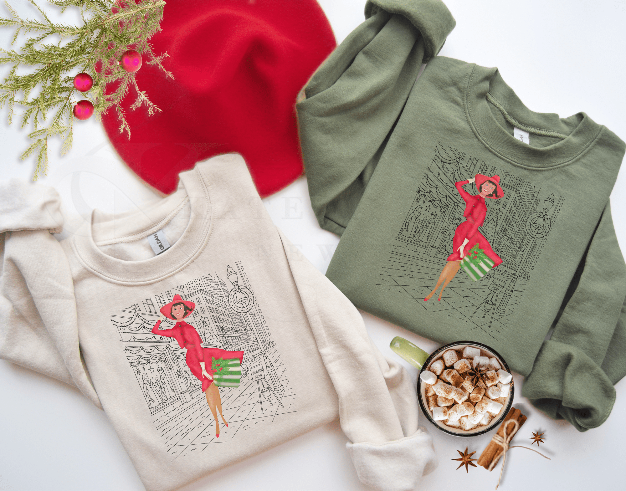 Kate McEnroe New York Mid Mod Cityscape Holiday Sweatshirt, Retro Vintage 50s Christmas CrewneckSweatshirts18871664530893011467