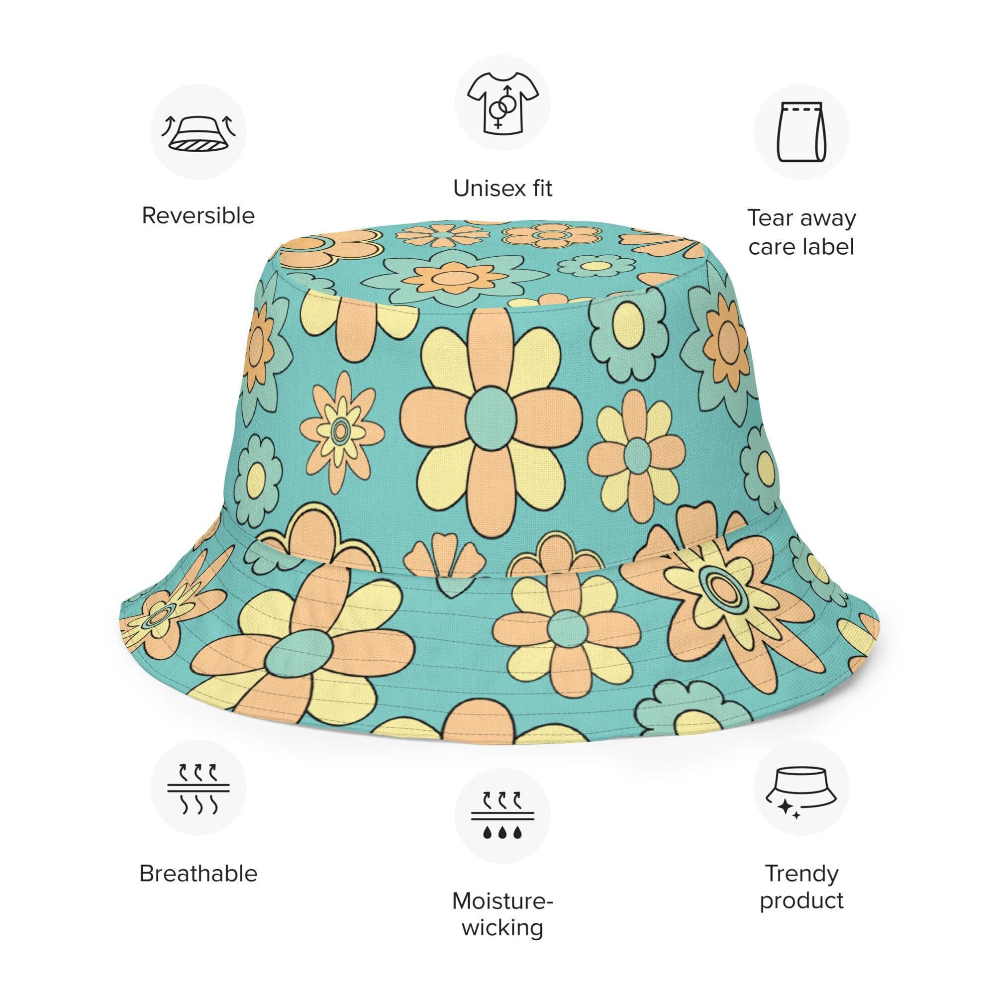 Kate McEnroe New York Mid Mod Daisy Groovy Hippie Floral Reversible Bucket HatHats63C6EF29CADB6_16360