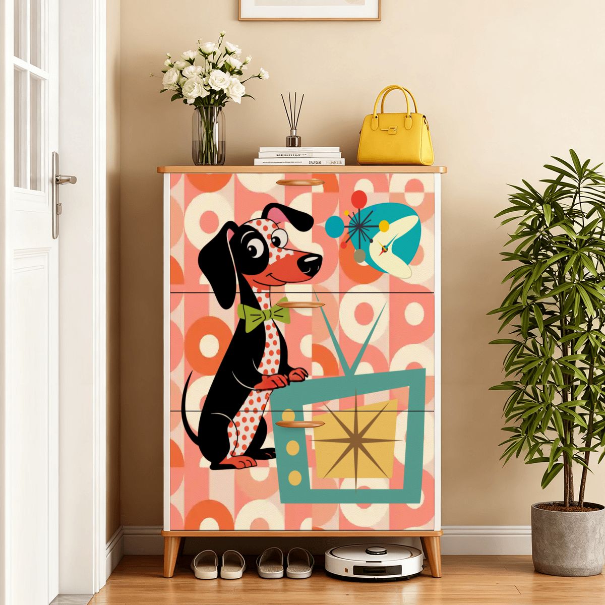 Kate McEnroe New York Mid Mod Doxie Dog Retro Dachshund TV Shoe CabinetShoe StoragefZPjwA8pGD